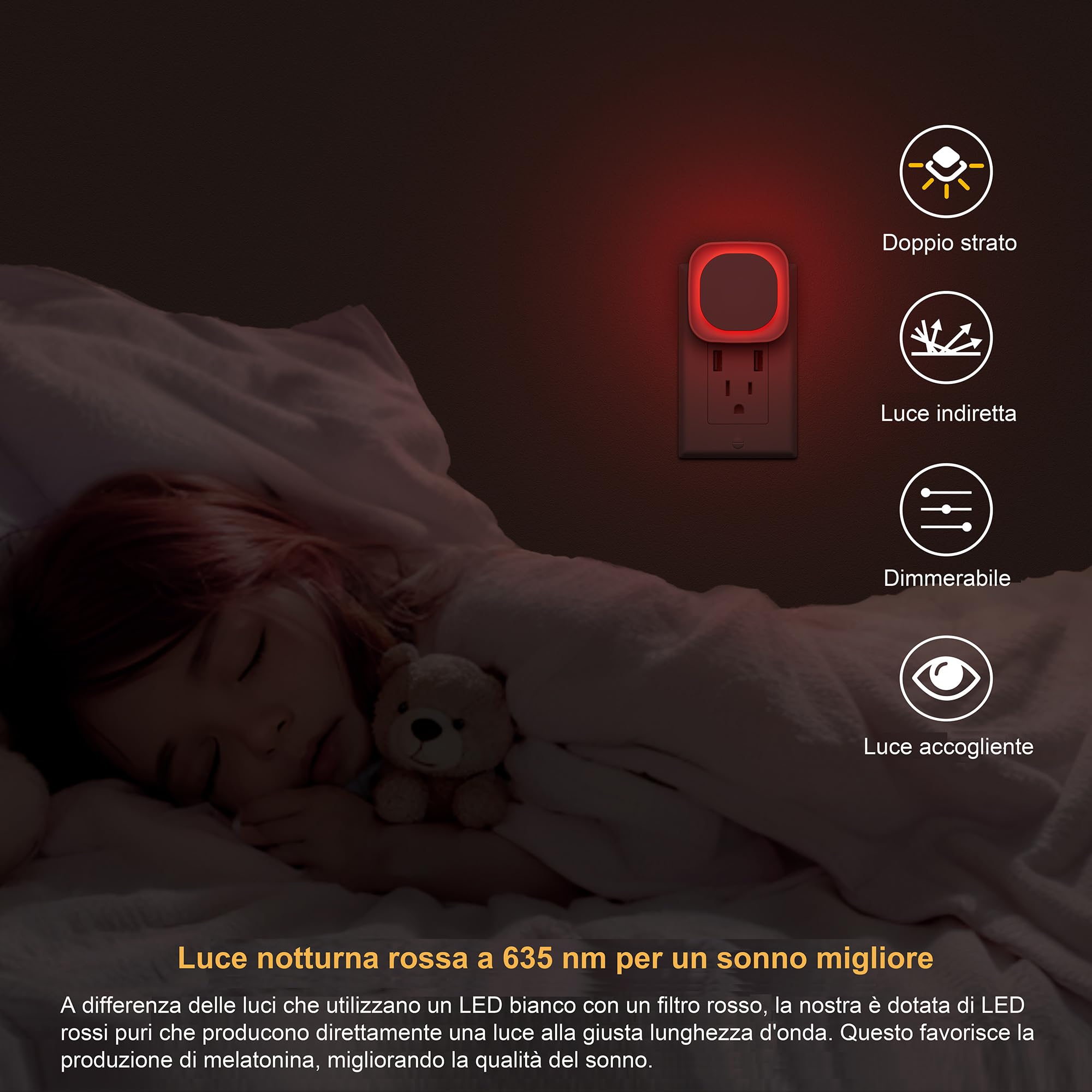 YUNLEX Presa di Luce Notturna con Sensore Crepuscolare, 3 livelli di luminosità regolabile per Camera dei Bambini, Bagno, Corridoio, Cucina, Scale, Rosso