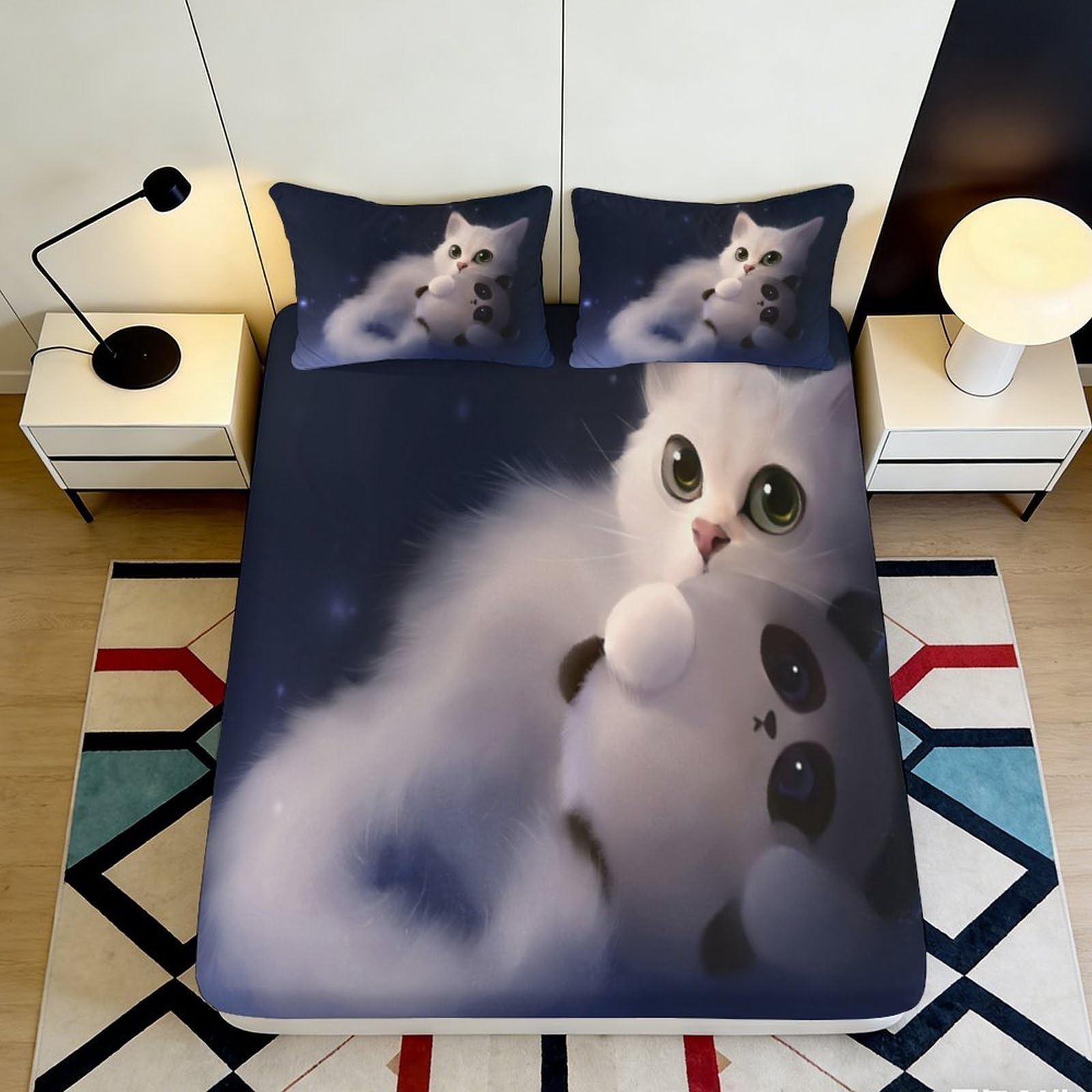 3D Printed Cute White Cat Fitted Sheet Microfiber Soft Anti-Slip Cartoon Animal Mattress Cover for Bedroom Dorm Decor 120x200cm 160x200x25cm