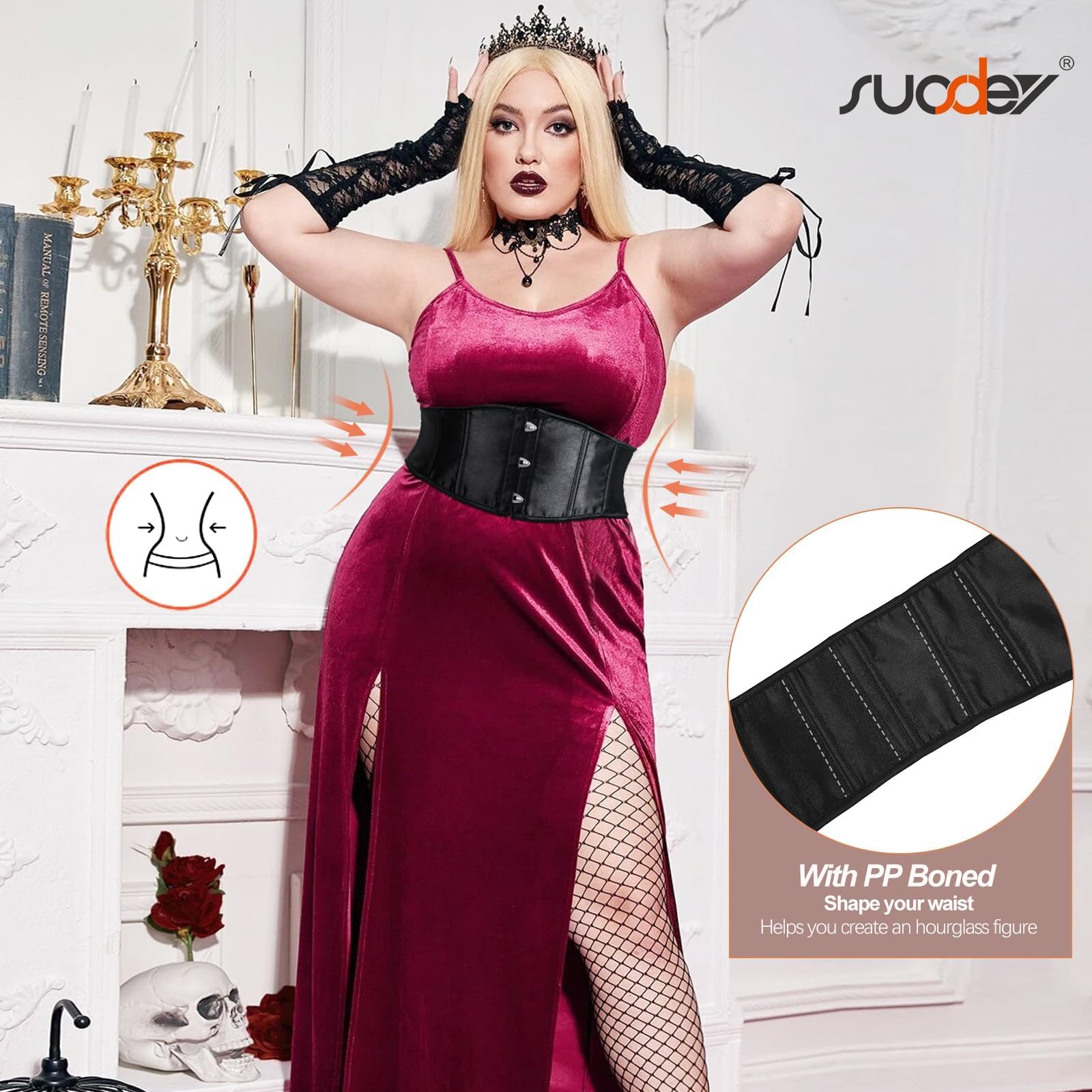 SUOSDEY Jacquard Corset Belt for Women Underbust Boned Lace Up Bustier Waspie Belt Renaissance Steampunk Pirate Corset: 03-black(glossy) Fit Waist Size 33"-36"