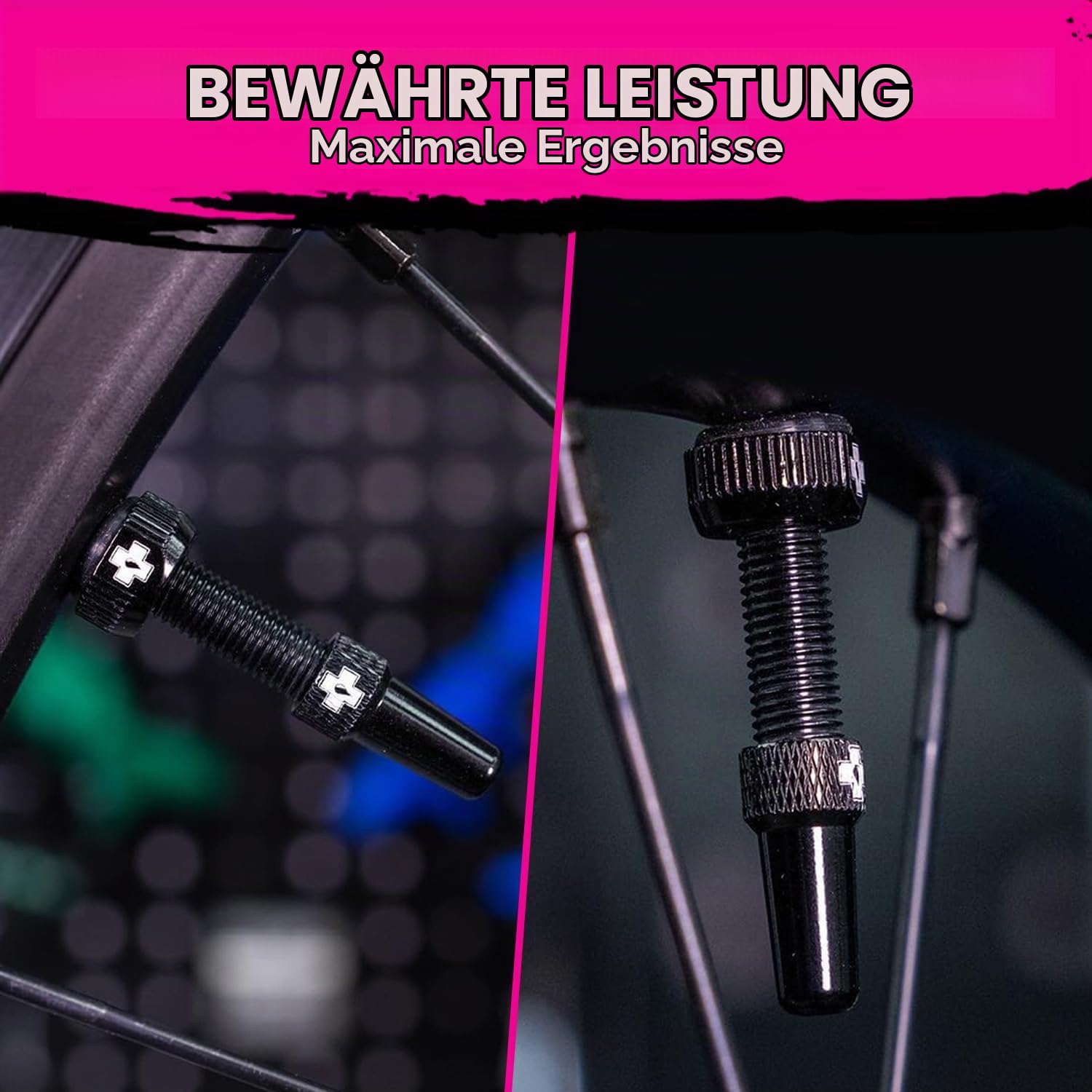 Muc-Off Tubeless Ventile V2 – 44 mm schwarz (2er-Pack) | 4 x 7075 Presta-Ventile aus Flugzeugaluminium mit Kernentfernungswerkzeug | 44 mm/60 mm/80 mm – 10 eloxierte Farboptionen | passend für MTB