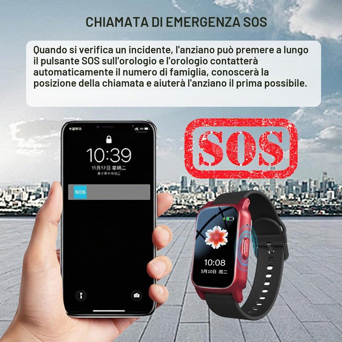 Orologio Salvavita per Anziani con Localizzazione GPS Avviso di Caduta Chiamata SOS Orologio Salvavita Adatto A Persone con DemenzaRed,1.25 * 0.57 * 2.22inch
