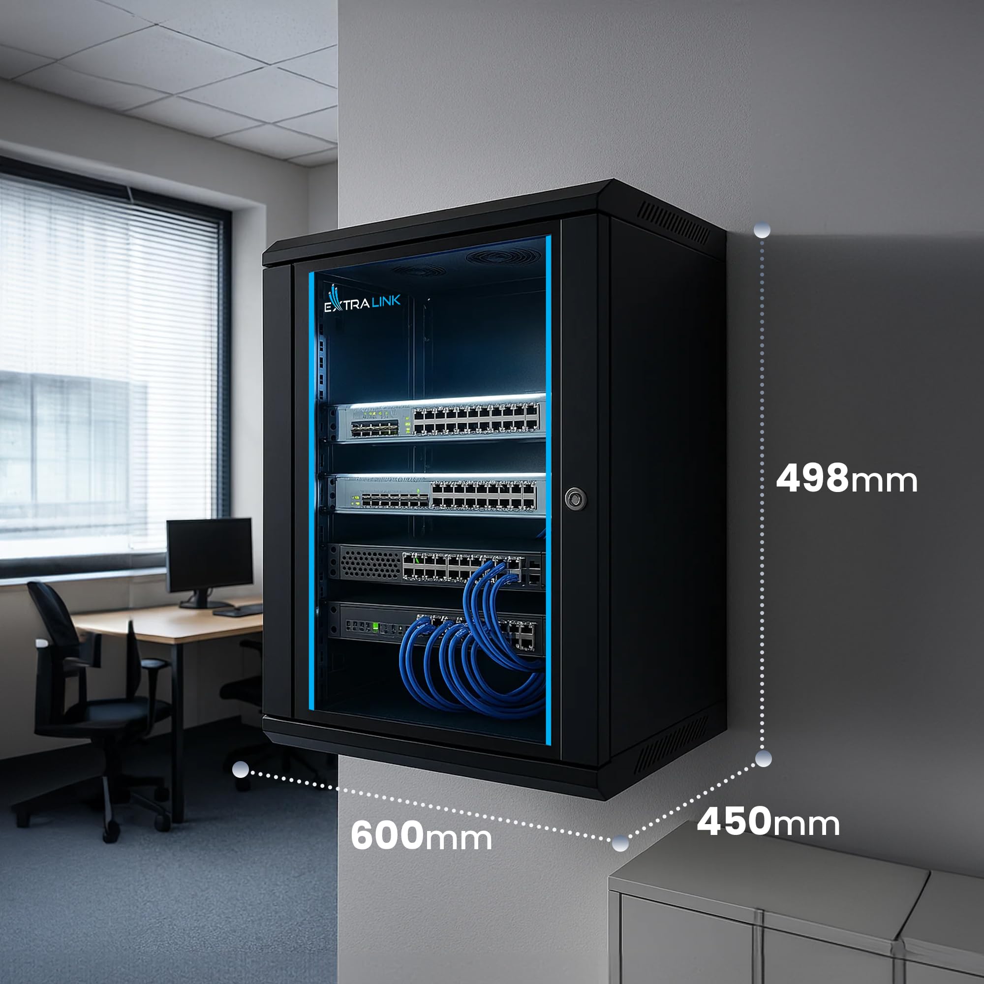 Extralink Serverschrank 19 Zoll 9HE – Netzwerkschrank 450mm Tiefe zur Wand- oder Standmontage, Traglast 60 kg, gehärtete Glastür, abschließbar 180° Öffnung, schwarz – für Heimnetzwerk & IT-Geräte