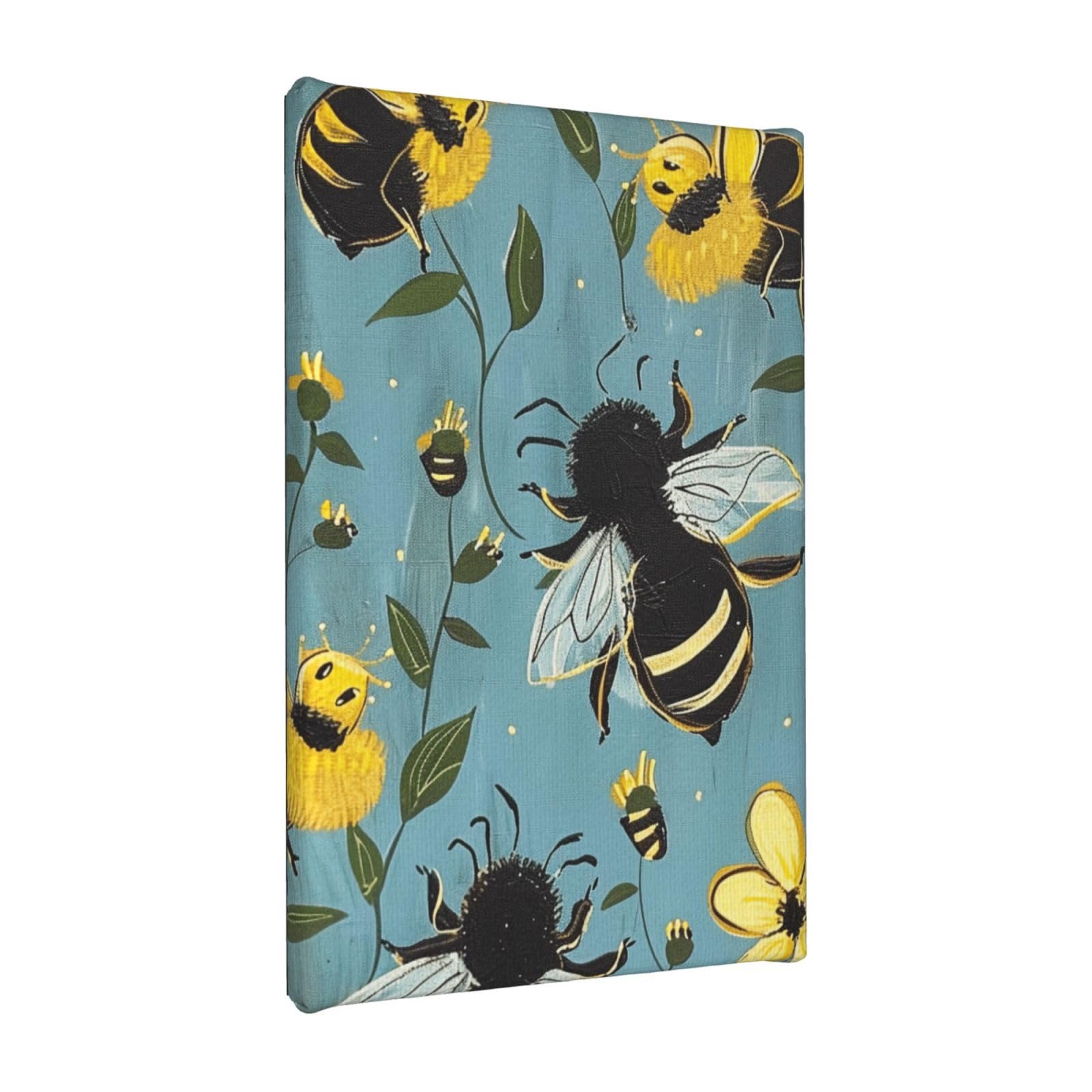 YKLJG Cartoon Bees Printed Wall Art Canvas Painting 20x30 CM Wooden Framed Picture Painting Artwork Prints for Bedroom Kitchen Home Office Decor