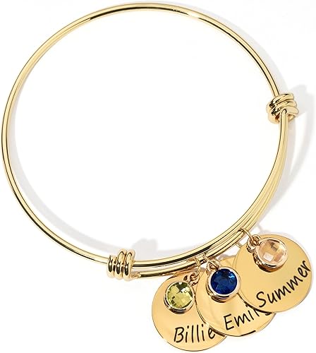 MignonandMignon Personalized Birthstone Bracelet Custom Engraved Name Charm, Friendship Jewelry for Bridesmaid, Mom Birthday Gift, Best Gift for