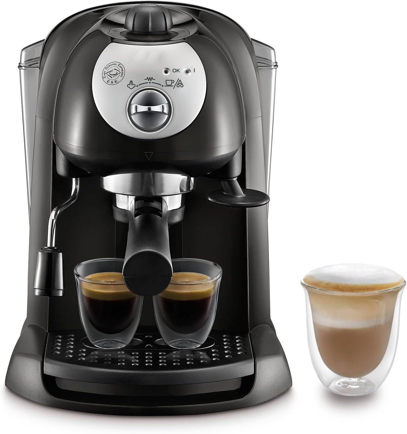 Generico Macchina manuale da Caffè Espresso e Cappuccino, Caffè in Polvere o in Cialde, Montalatte classico per Cappuccini, Serbatoio Estraibile da 1.1 L, Caldaia acciaio inox