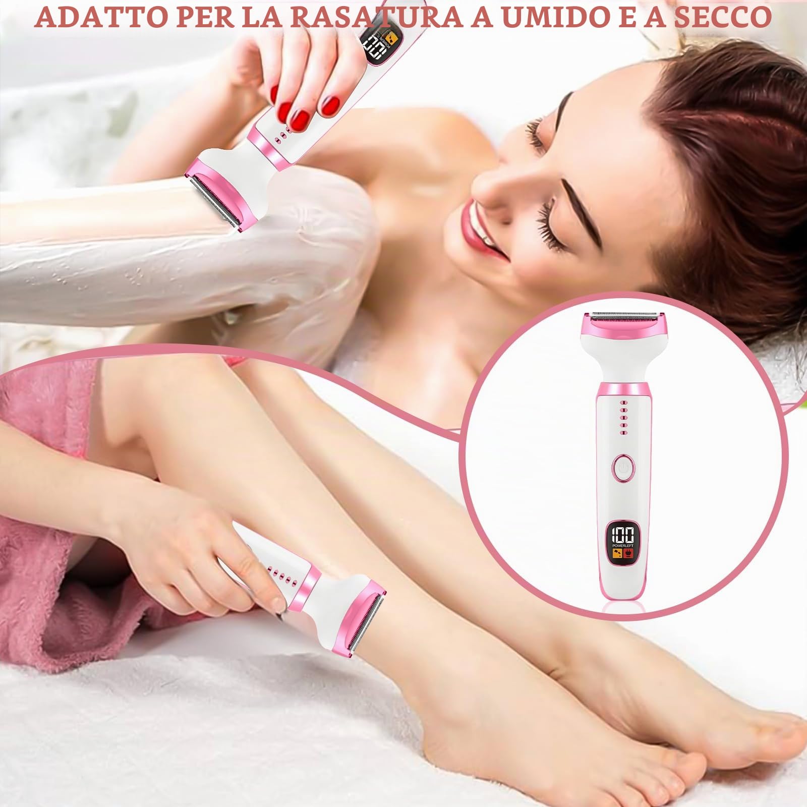 Rasoio Elettrico Donna, 5 in 1 Rasoio Elettrico Donna, Epilatore Intimo Donna, Utilizzo a Secco e Bagnato, per Bikini, Ascelle, Gambe, Sopracciglia e Naso, con Display LED, Ricarica USB