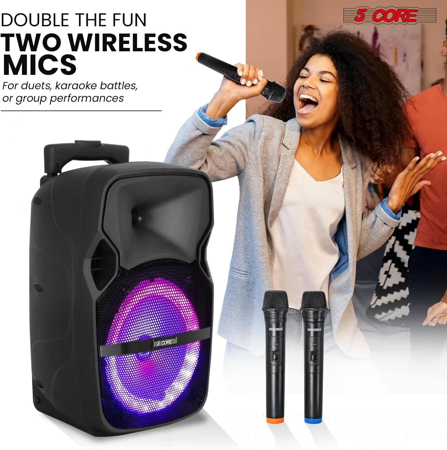 5 Core Bluetooth Party Speaker with Microphone 250 Watt Loud DJ PA System Portable Rechargeable Outdoor Karaoke System w Two Wireless Mics - Active Home 8 2-MIC