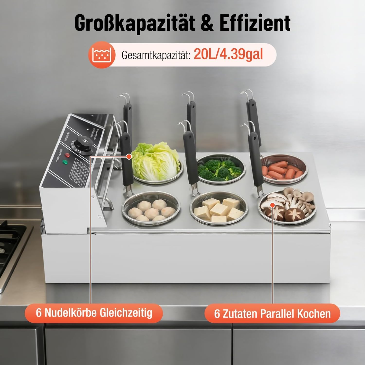 Elektryczny garnek do gotowania makaronu, 20 l, 2000 W, 6 koszów, stal nierdzewna, zakres temperatur 60-200°C, nadaje się do restauracji i cateringu