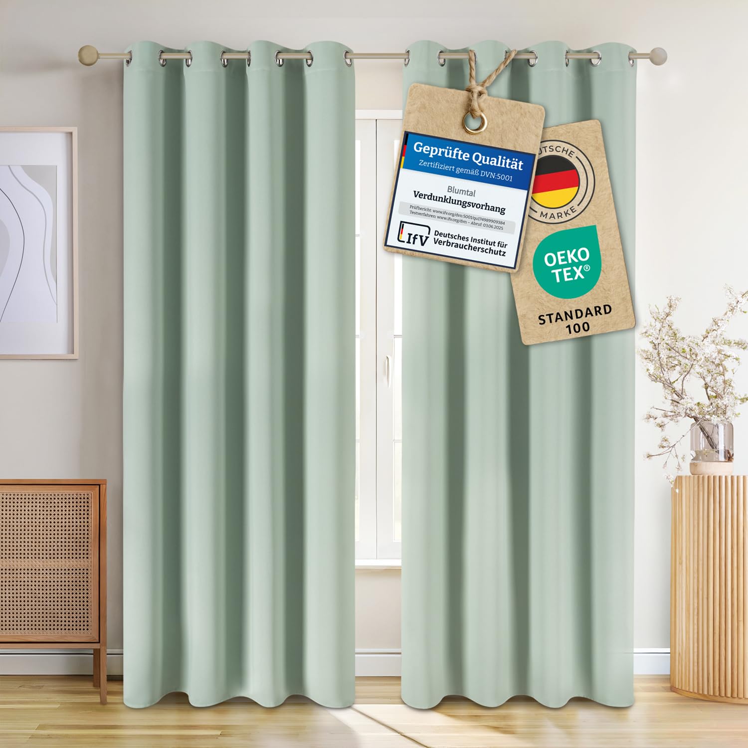 Blumtal Verdunklungsvorhänge 2er Set - Thermovorhang Hitzeschutz - Vorhang Blickdicht mit Ösen - Gardinenschals mit Schlaufen - Lärmschutzvorhang - Gardinen 225x140 cm - Wohnzimmer Gardinen - Grün