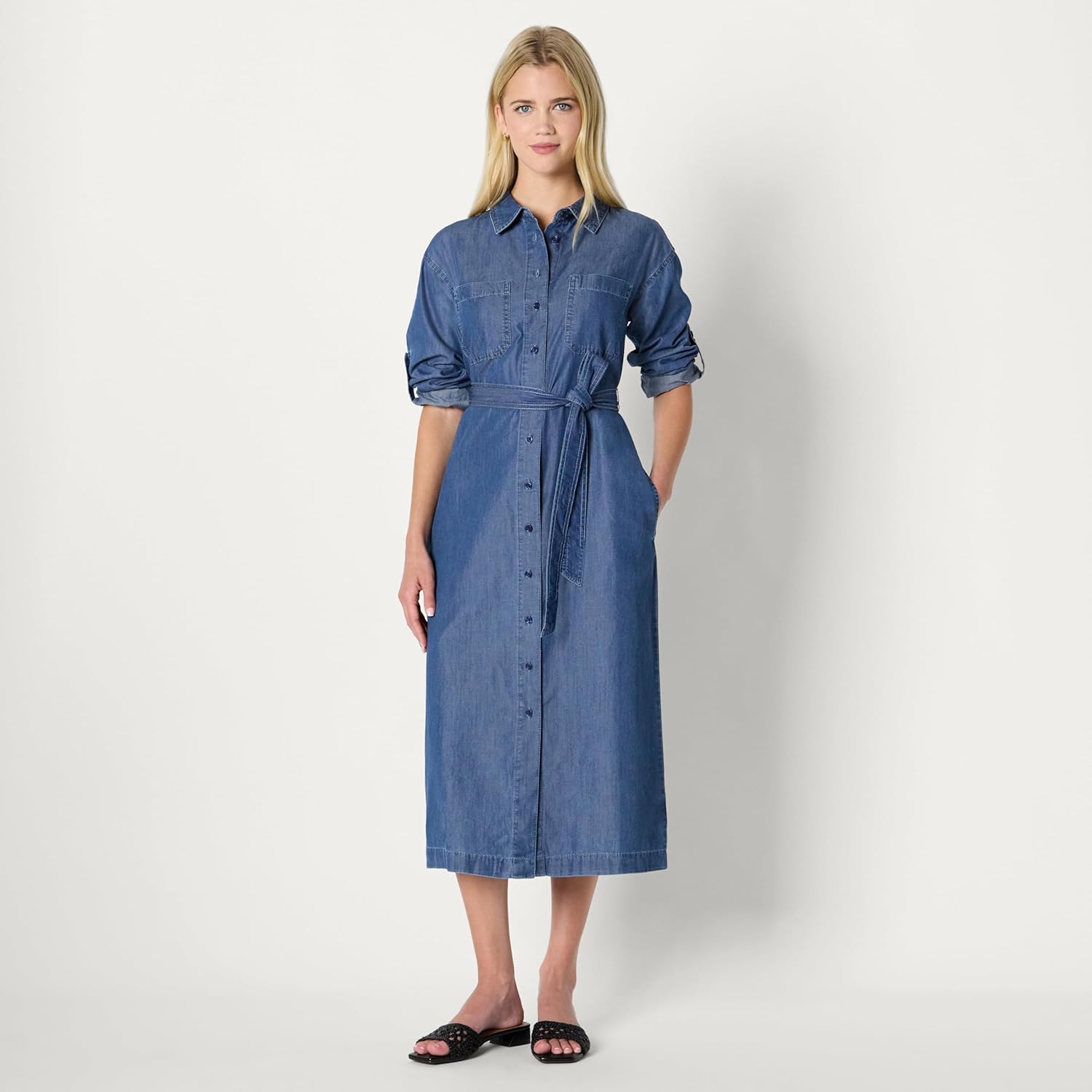 Amazon Essentials Women's Regular-Fit Denim Chambray Long-Sleeve Button-Up Midi Dress - Image 5