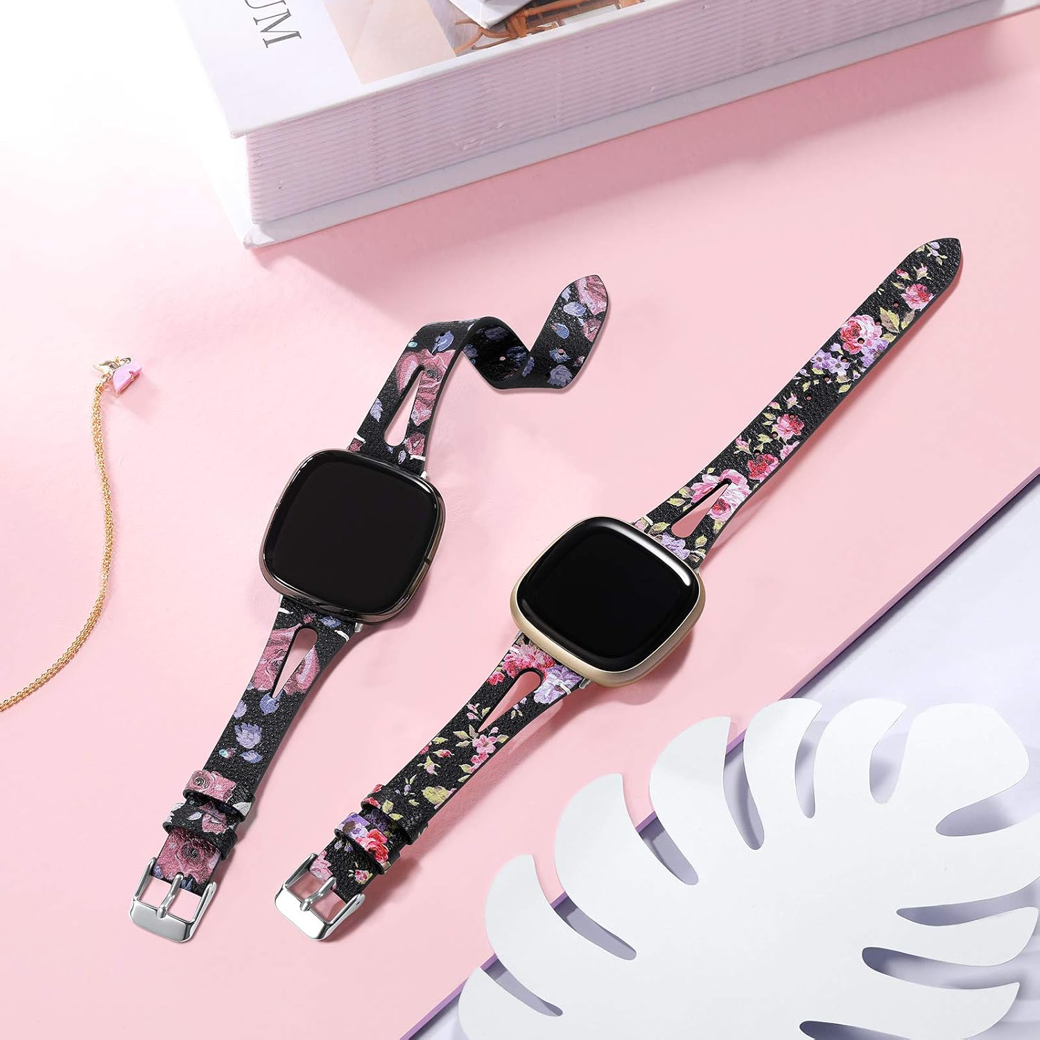 Maledan Compatible with Fitbit Versa 3 and Sense Bands for Women Girls, Top Genuine Leather Band Replacement Wristband Strap for Sense & Versa 3 Smart Watch, Rose Floral Pattern