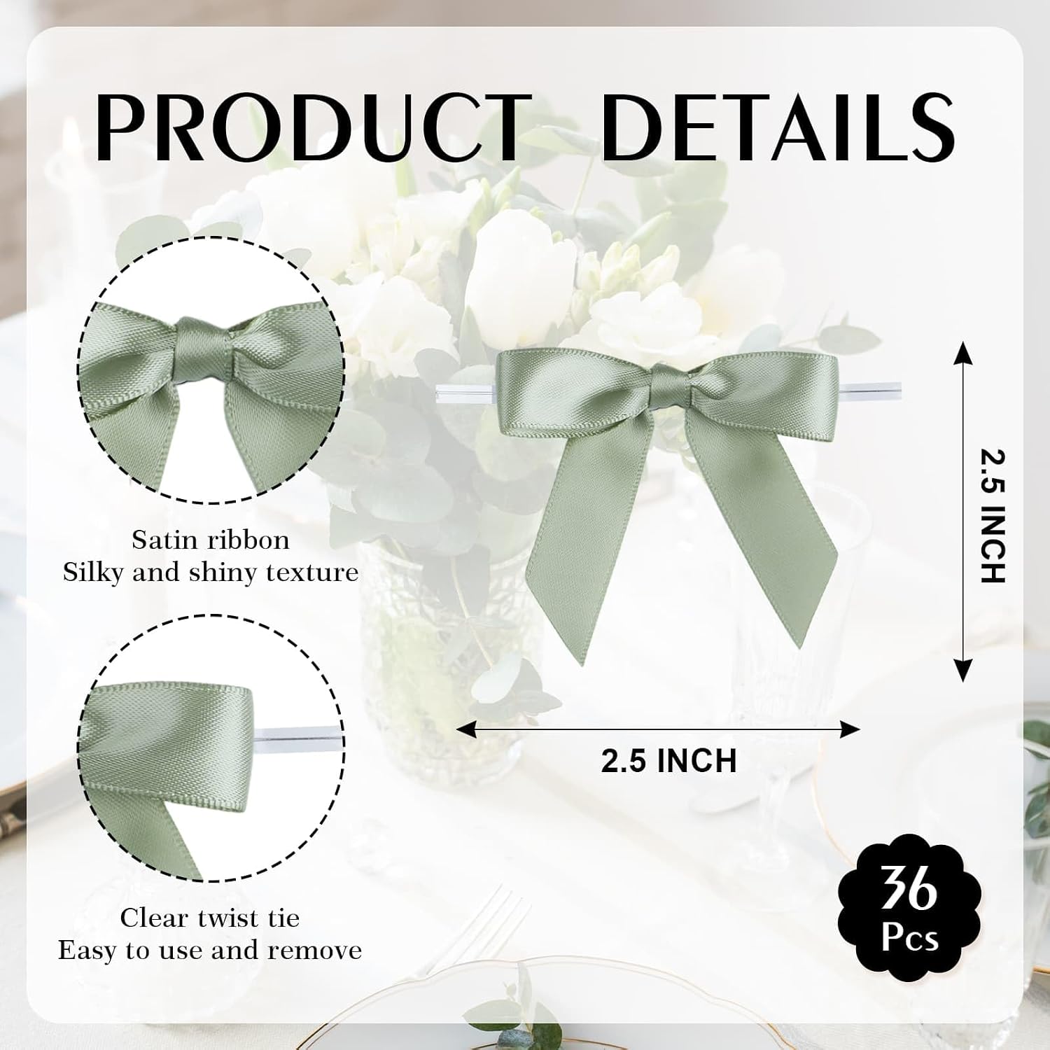 YKW 36 Pack Moss Green Satin Ribbon Bows with Twist Ties 2.5" - Premade Gift Wrapping Bows for Cake Decorating, Treat Bags, Crafts, Baby Shower, Party Favors & Wedding Decor (Moss Green) image 2