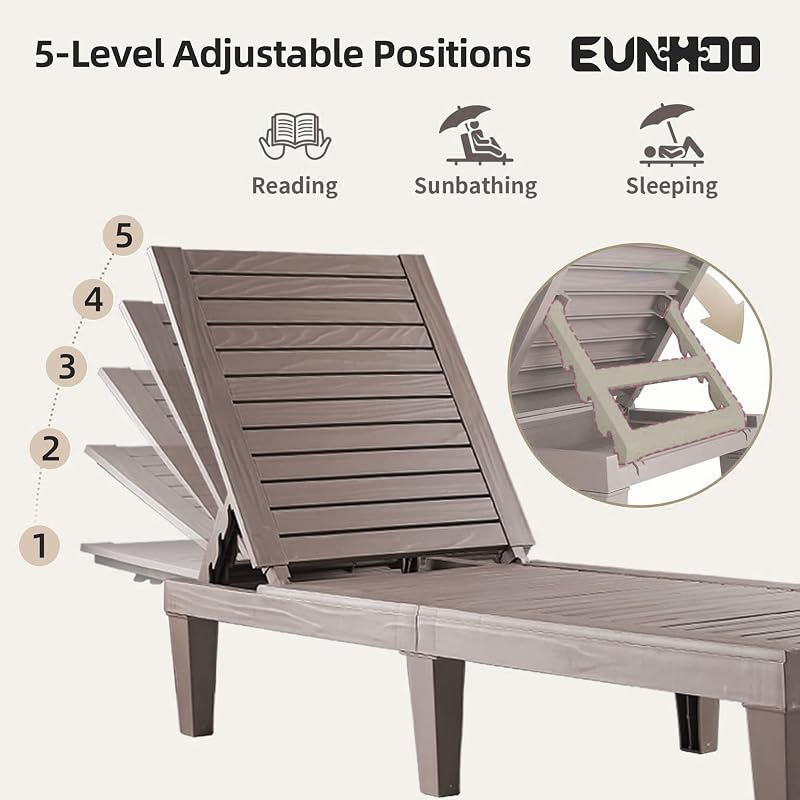 EUNHOO Outdoor Chaise Lounge Set of 2, Adjustable Pool Lounge Chair with 5 Positions Backrest, Waterproof Sun Loungers for Garden Pool Beach Patio Deck Sunbathing image 3