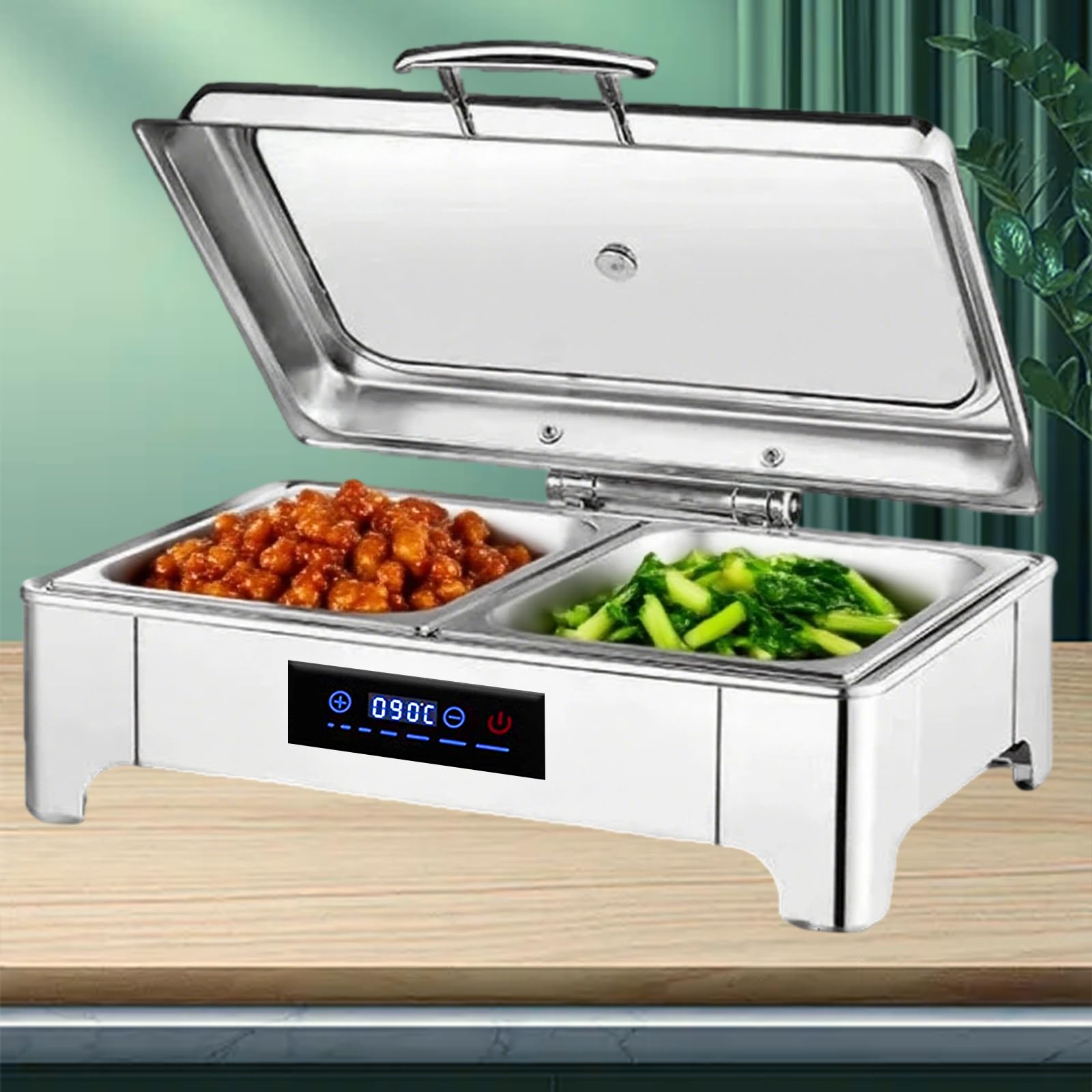 Chafing Dish Elettrico 9L Temperatura Regolabile 35-90℃(B,1/2 Pan) | 400W Scaldavivande Elettrico Professionale per Buffet in Acciaio Inox, Contenitore Scalda Cibo per Buffet, Ristoranti, Hotel