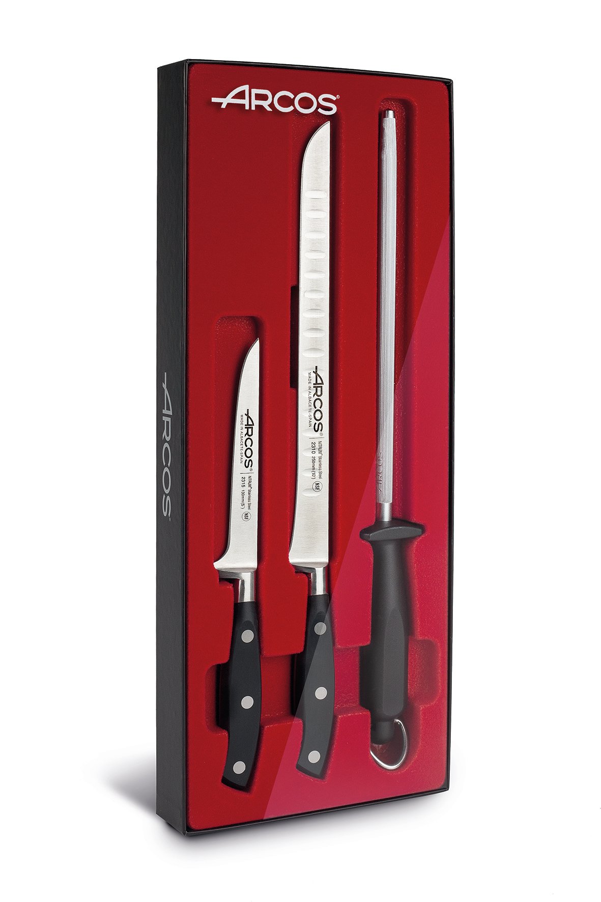 Arcos Série Riviera, Set à Jambon 3 pièces, 1 Couteau à Jambon + 1 désosseur + 1 Fusil, Lame en Acier Inoxydable forgé Nitrum, Manche en polyoxyméthylène, Pompe, Couleur Noire