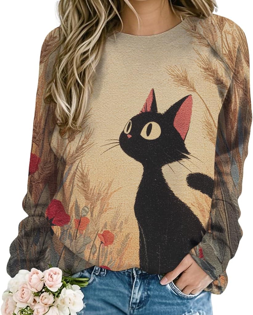 YABTF Womens Cat Crewneck Sweatshirts Fall Fashion Graphic Pullover Tops Loose Casual Long Sleeve Winter Clothing for Women