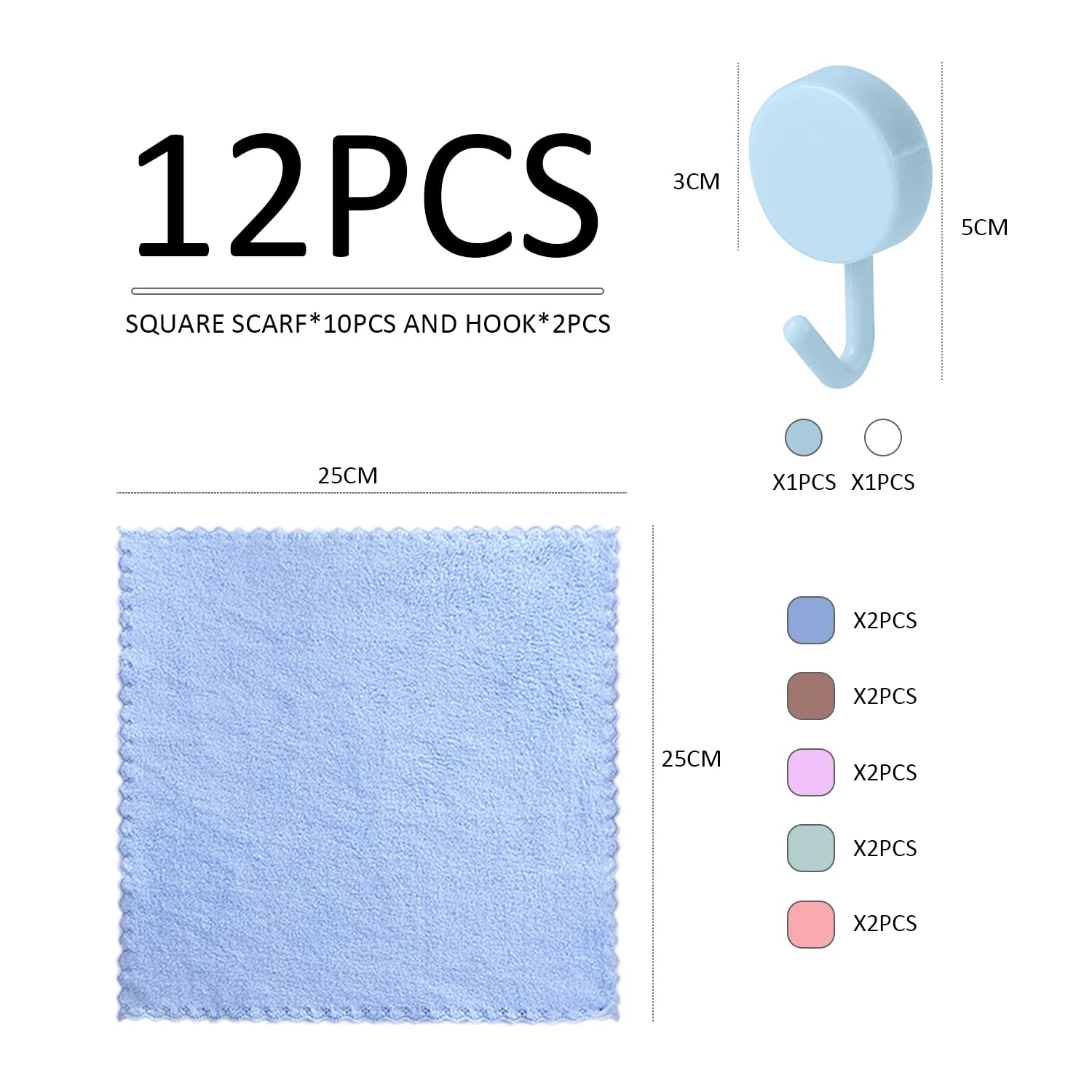 10 Asciugamani Bambini In Pile Corallo 25x25 Cm + 2 Ganci - Morbidi E Assorbenti - Multicolore - Foto 2