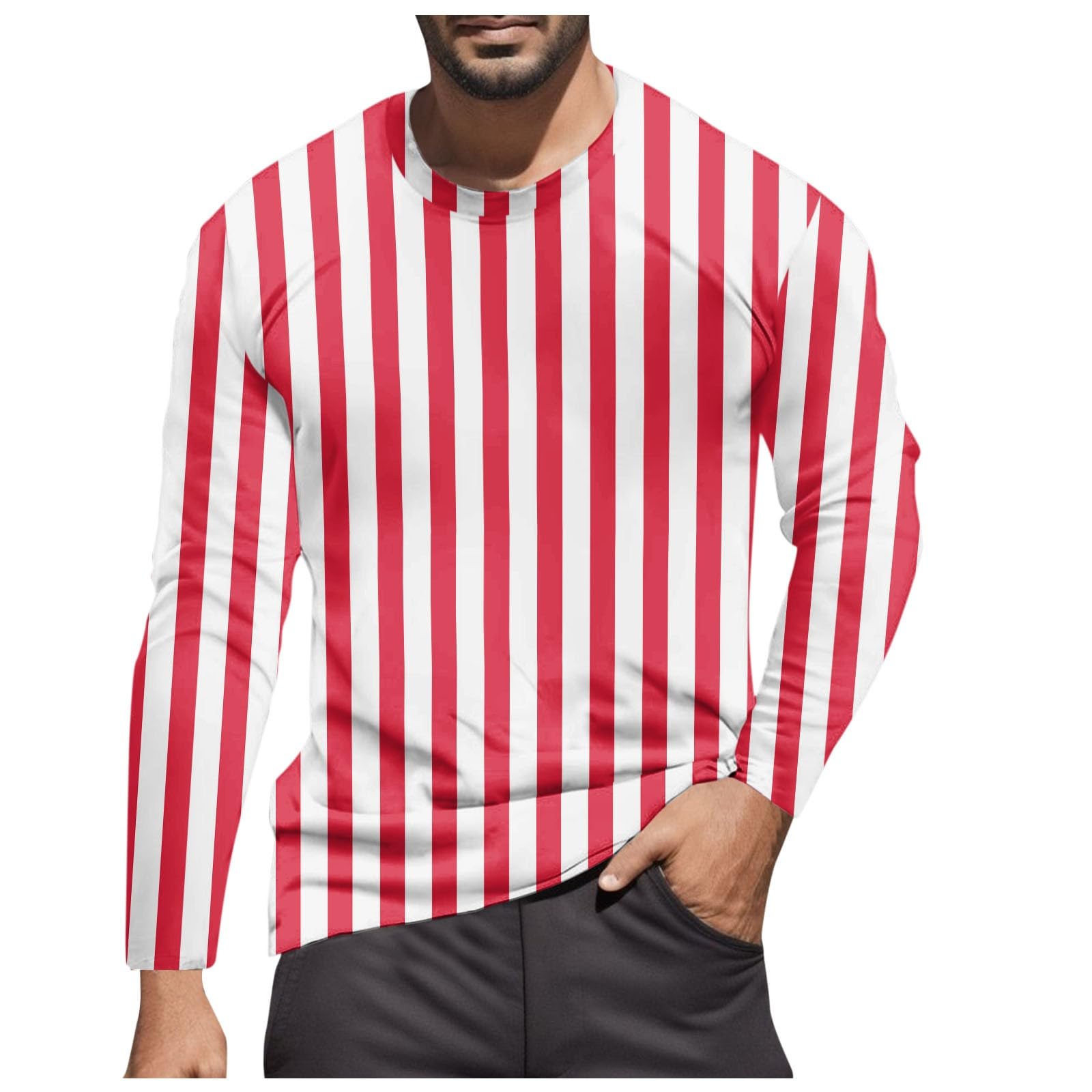 Striped Shirt Men Women Red White Long Sleeve T-Shirt Carnival Long Sleeve T-Shirt Horizontal Stripes Wide Stripes Fine Stripes Crew Neck Leisure Top Striped Shirt Fancy Dress Costumes, red - 7, L