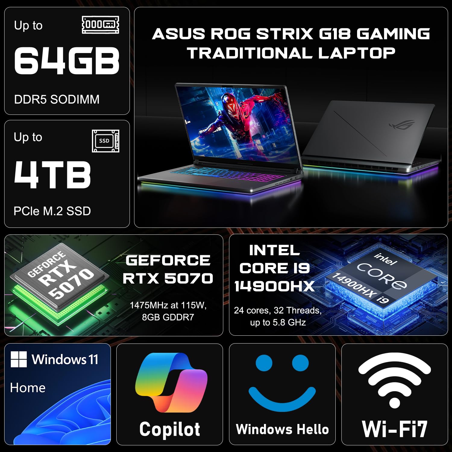 ASUS ROG Strix G18 5070 Gaming AI Laptop|Intel Core i9-14900HX (24 core, 32 thread)|GeForce RTX 5070|18" FHD+ IPS Nebula Display|32GB DDR5|SSD 1TB |4-zone RGB retroilluminato KB|HDMI|Wi-Fi 7|Windows