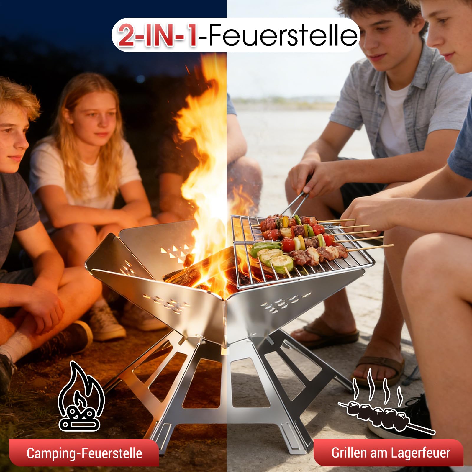 Tragbare Feuerstelle Edelstahl füR Outdoor Den Garten Camping,Dreibein füR Feuerschale Faltbar Mit Grill Grillrost,Camping Feuerschale füR Mit Grillplatte Schaschlikgrill Picknick,Grill AktivitäTen
