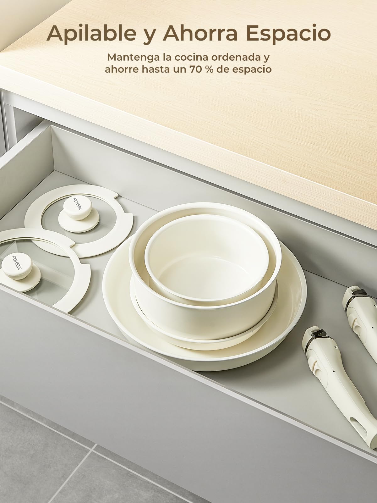 FOHERE Juego de Ollas y Sartenes Antiadherentes Induccion Cerámicas con Mango Extraíble 8 Piezas, Cacerolas de Cocina Induccion Aluminio, para Todas las Cocinas, apto Lavavajillas y Horno,Beige