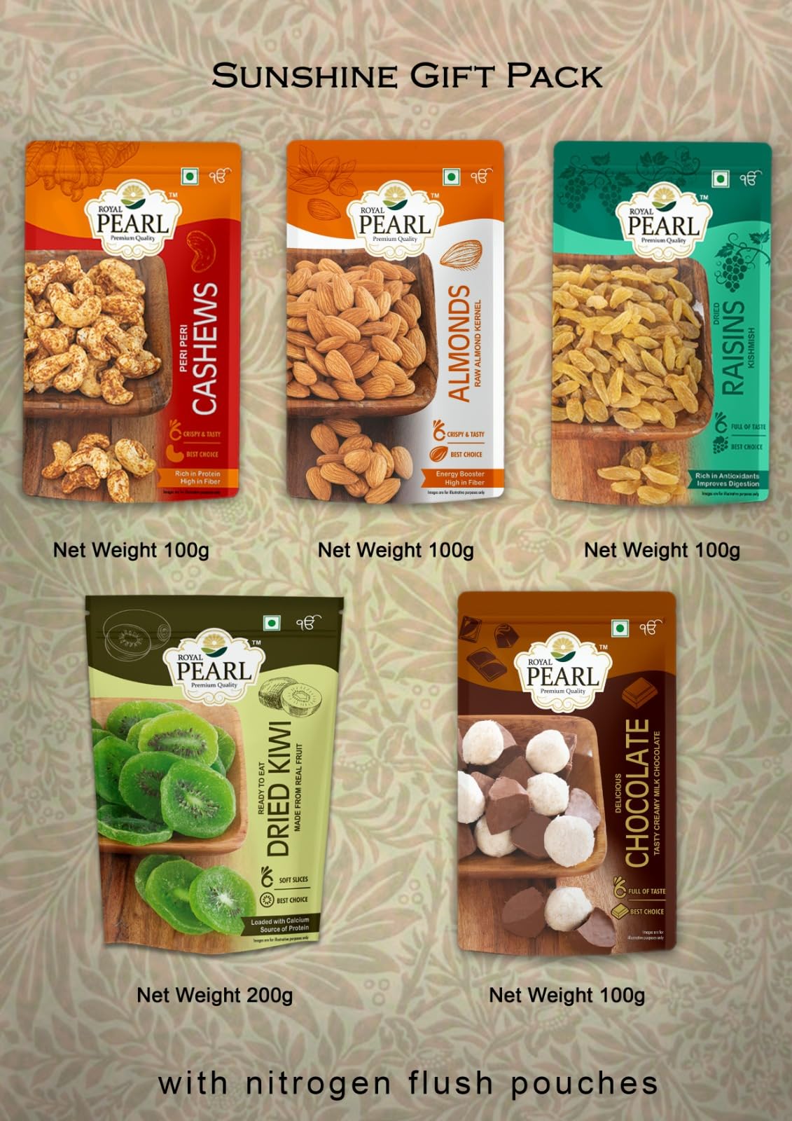 ROYAL PEARL Sunshine Dry Fruit Gift Box - 600g Premium Pack for Festive Gifting With Peri Peri Cashew 100 gram, Almond 100 Gram, Raisins 100 Gram, Dried Kiwi 200 Gram. 2