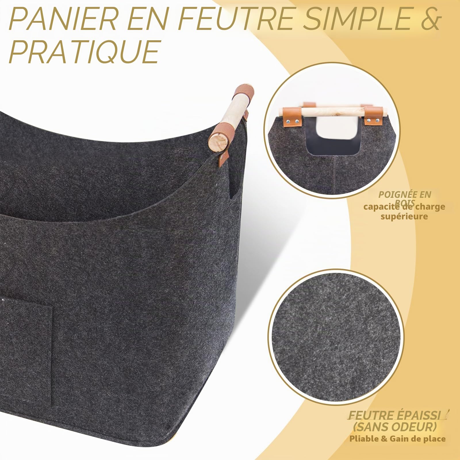 FINEW Panier à bois pour boiss de cheminée 90 L - Avec gants - 60 x 40 x 40 cm - Grand panier en feutre pour ranger le bois de chauffage, les journaux