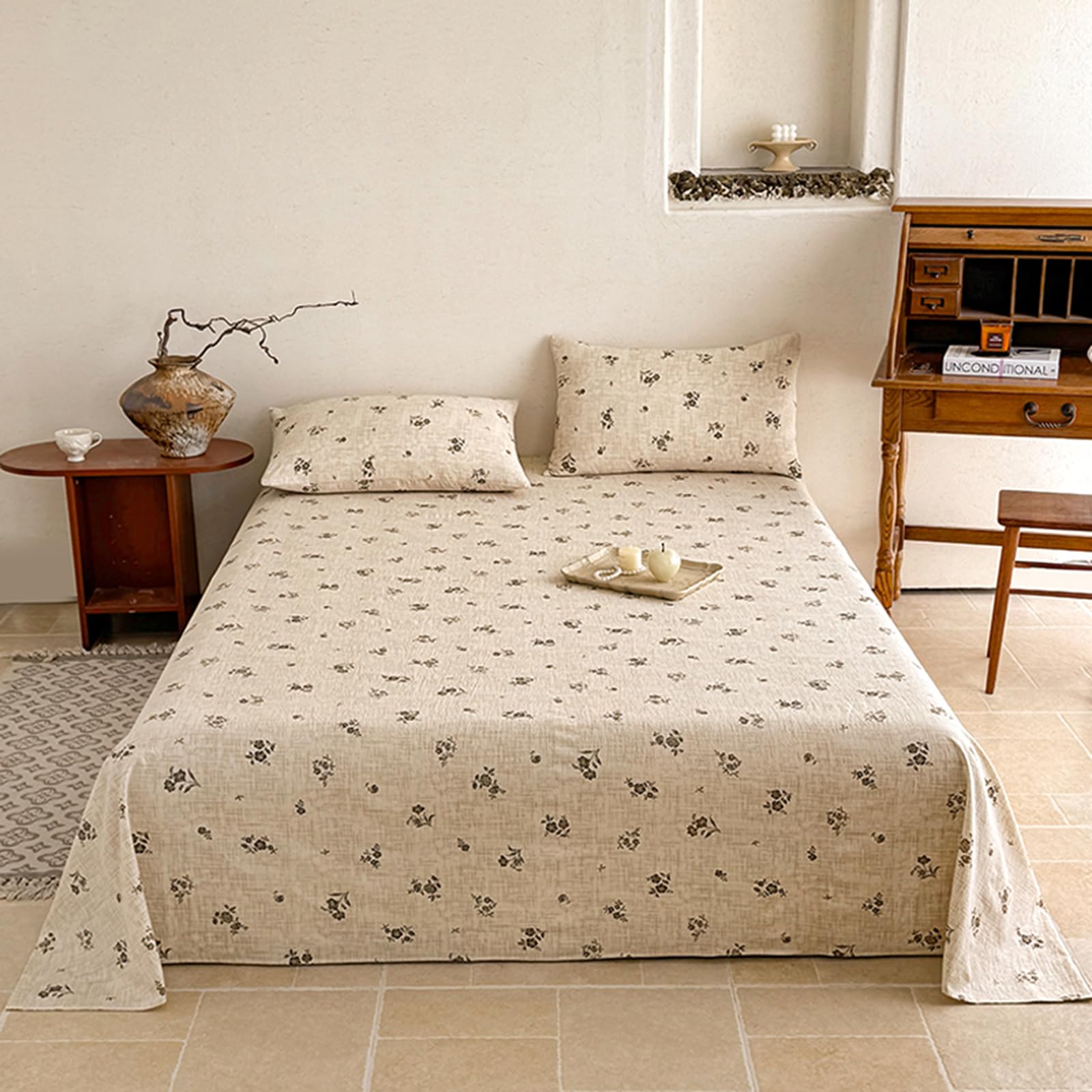 ZCXRYFL Thick Bed Sheet Soft Cotton Bedding Single Double Queen King Flat Sheet Floral Pattern Mattress Decorative Blanket Sheets, Breathable, Washable, Vintage Style(200x230cm,F)