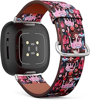 CJBROES Replacement Leather Watch Band, Compatible with Fitbit Versa 3 and Fitbit Sense of Wristband Bracelet Accessory - efthasis-Pink-Elephants