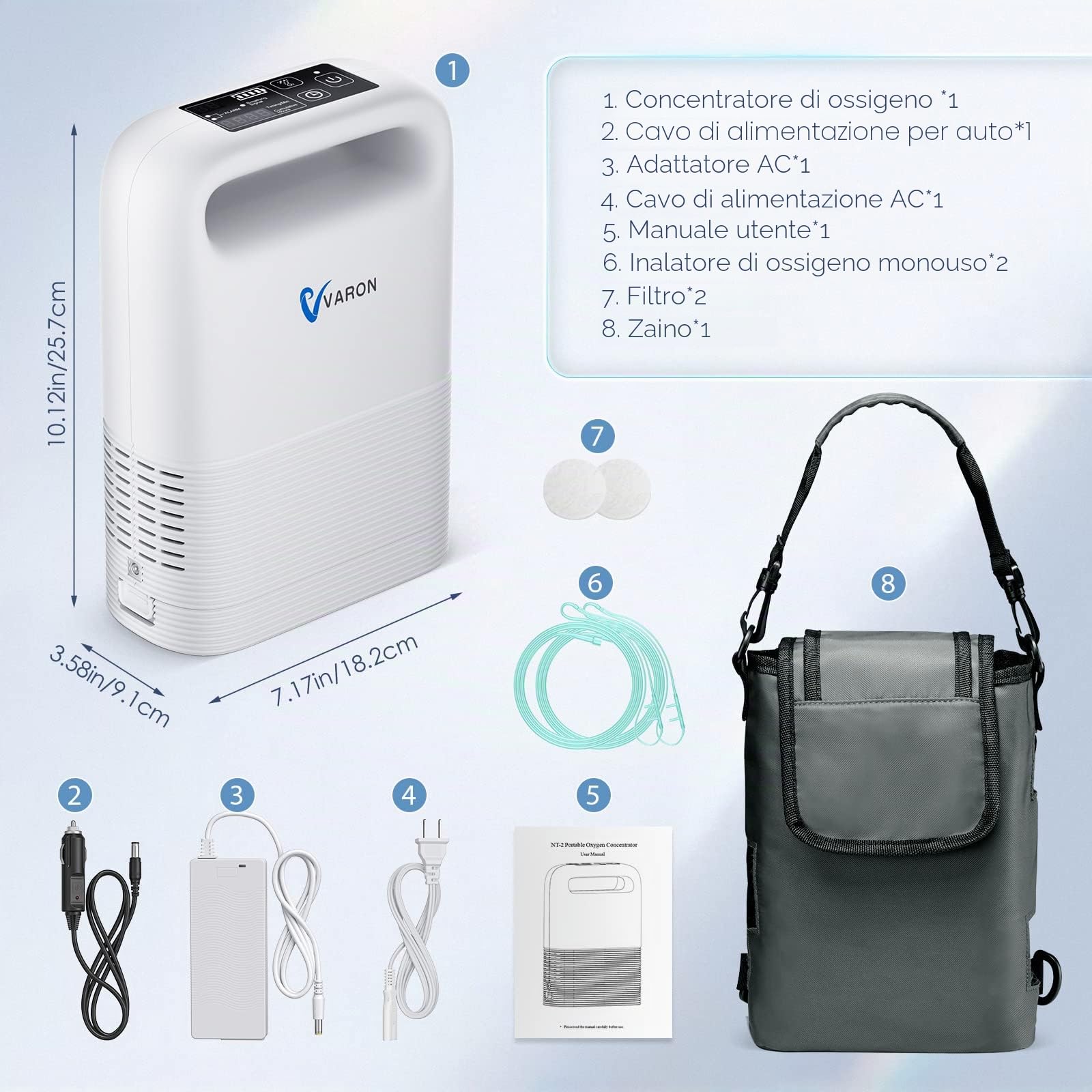 Concentratore di ossigeno portatile, 93% ± 3% di ossigeno con batteria, dispositivo di ossigeno regolabile da 1 a 5 file per la casa, per esterni