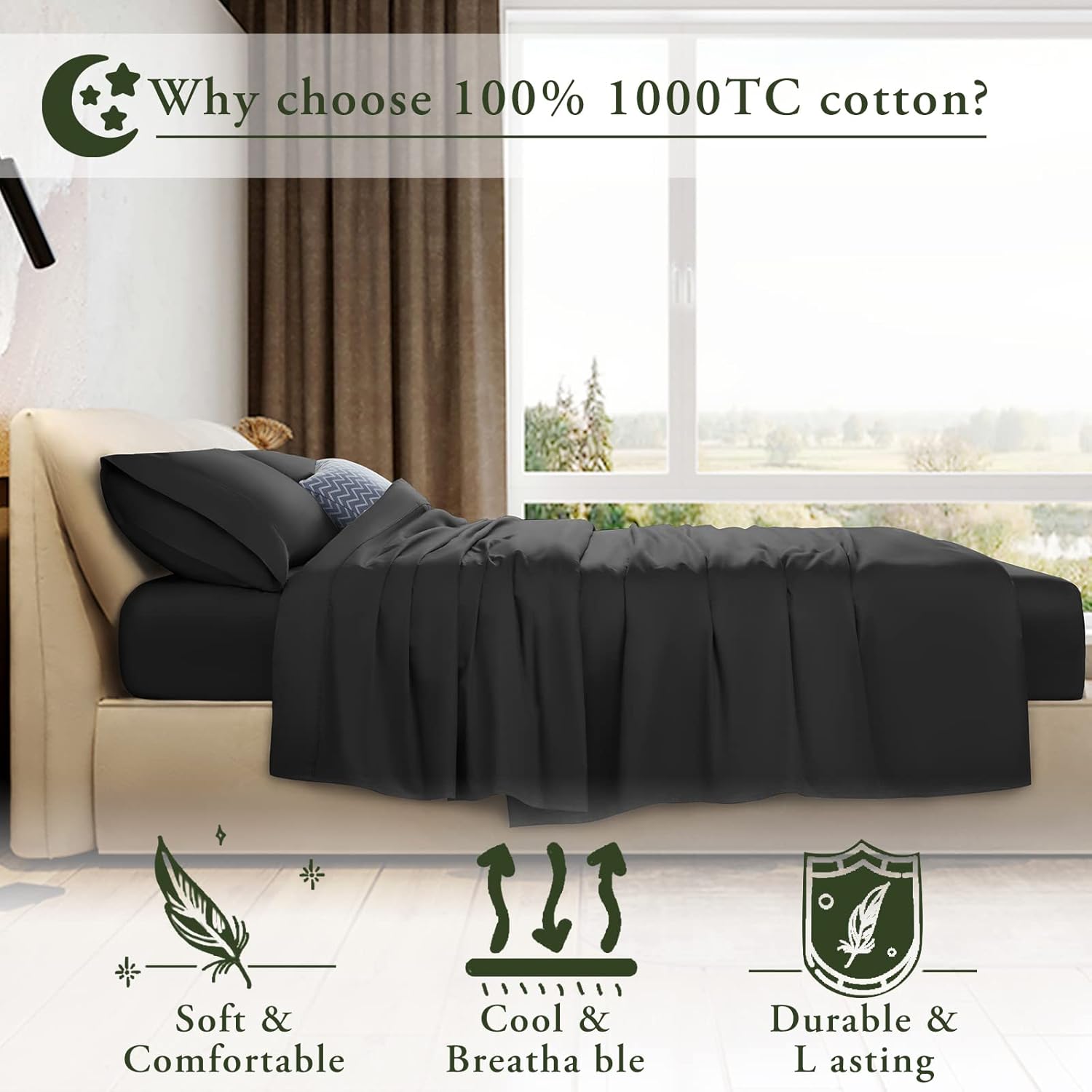 LBRO2M 1000 Thread Count 100% Cotton King Size Sheets Set,Bed Sheet 4 Piece Sets,16 inches Deep Pocket,Bedding Super Soft Breathable,Sateen Weave Long Staple Comforterble,All Season,Black