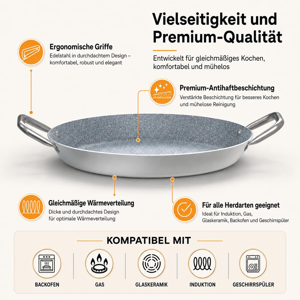 TEHORNEO Paella Pfanne Induktion, Paella Pfanne 34 cm Antihaftbeschichtete aus Aluminium 5-6 Portionen, Paellapfanne, Paella Grill, Paellera Geeignet für Induktion, Feuer und Vitrokeramik