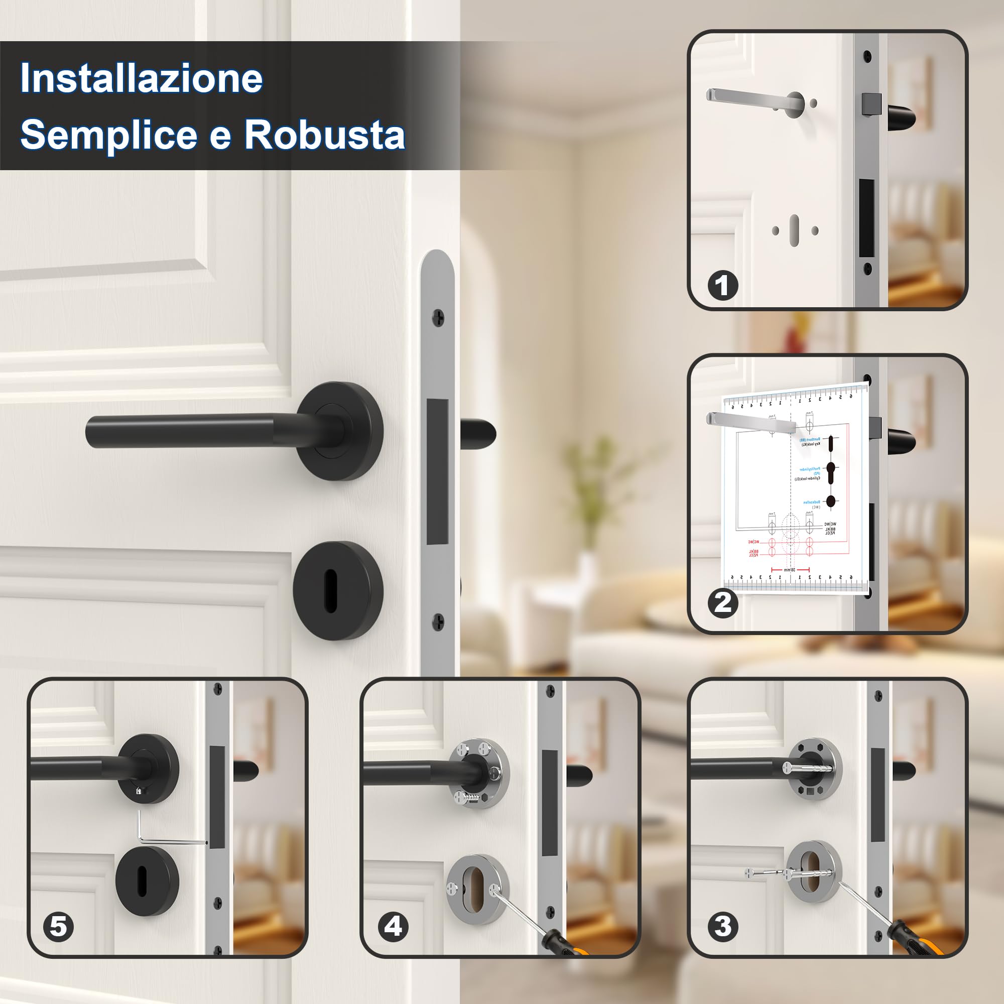 Maniglie per Porta Interne 4 Pezzi, Maniglia per Porta in Acciaio Inox con Rosetta Arrotondata Ø 52 mm, Nero Opaco, Forma di L, BB-Chiave a Profilo Tondo