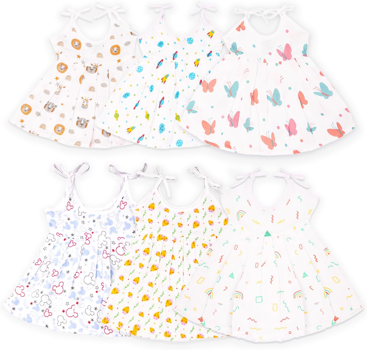 Kidbea® 100% Extra Soft Muslin Cotton Fabric Baby Girls Frock For Summer wear, Nightwear | Multipack Combo | Tiger, Space, Butterfly, Mickey, Cute Chick, Rainbow Print Size (0-3 Months to 9-12 Months)