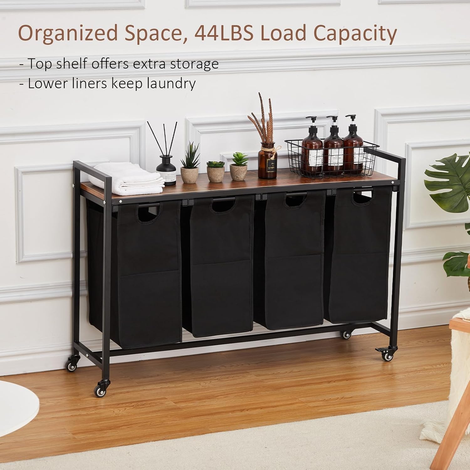 GarveeHome Laundry Hamper, Laundry Basket Organizer Laundry Sorter with 4 Pull-Out and Removable Bags, Wheels and Shelf, Dirty Clothes Hamper for Laundry Room Bathroom Bedroom and Dorm, 4 x 11.5 gal