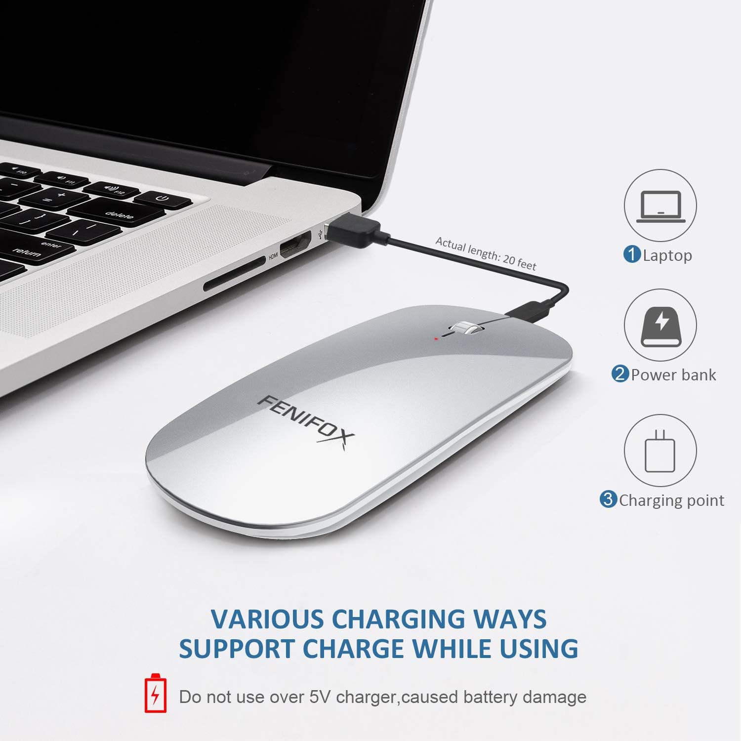 Flash Sale Bluetooth Mouse, FENIFOX Slim Mini Portable Flat Travel Wireless Mouse Rechargeable Quiet Ultra-Thin Mice Compatible with Laptop,Tablet,Notebook,PC (Silver and White)