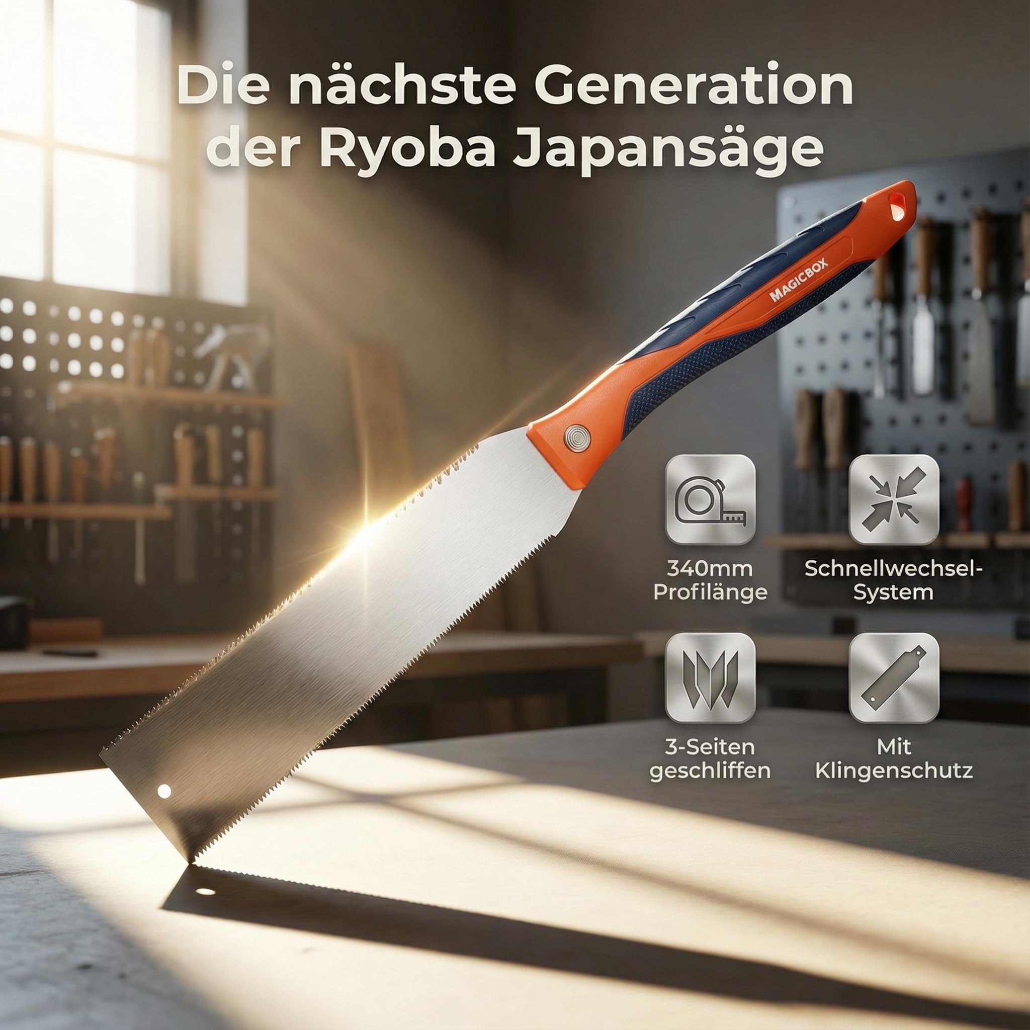 Magicbox Ryoba Scie japonaise 30 cm avec système de changement rapide, lame en acier au carbone pour coupes longitudinales transversales, poignée ergonomique + capuchons de protection, idéale pour le