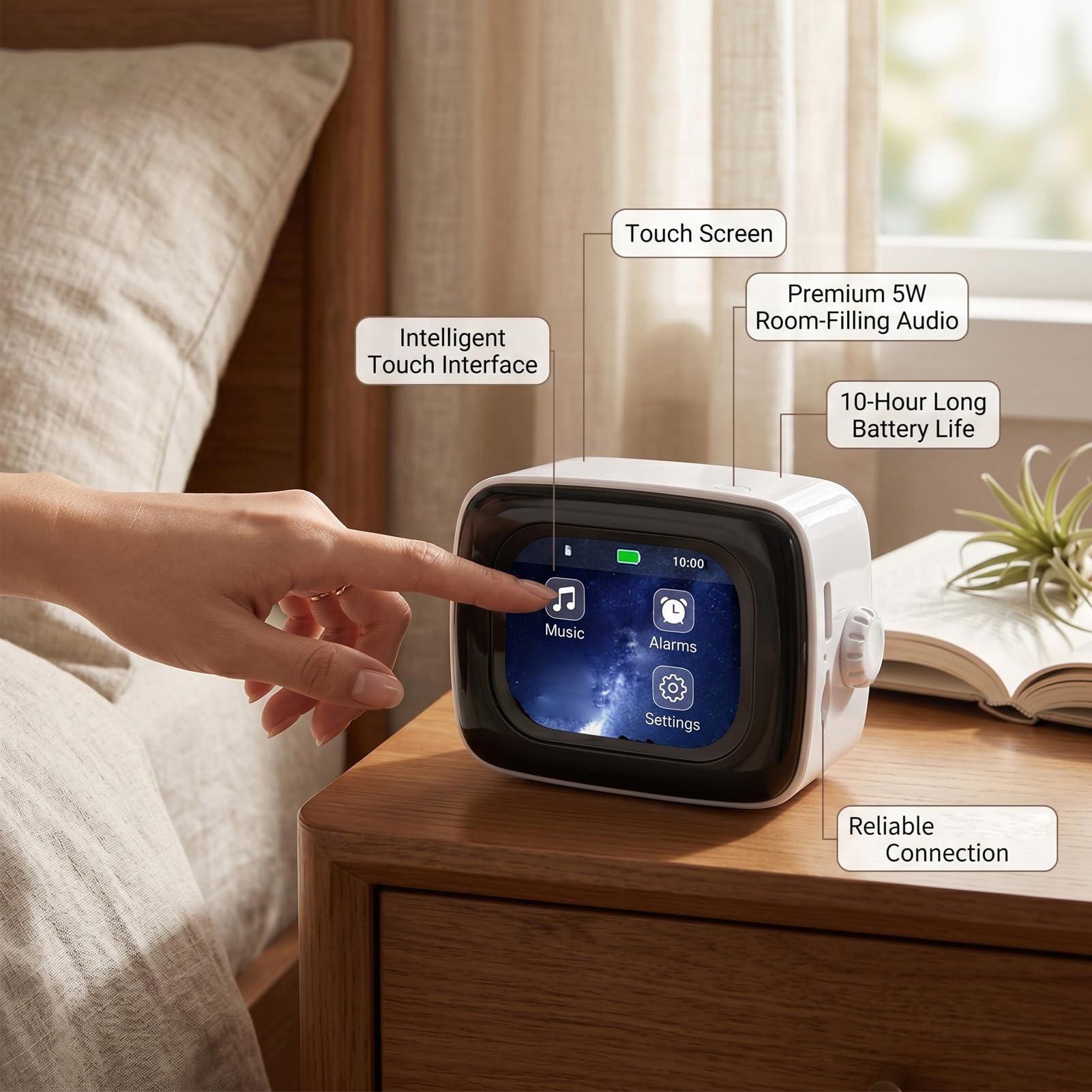 Sveglia con Altoparlante Bluetooth Touchscreen Intelligente con Previsioni del Tempo, Batteria da 10 Ore, Lettore Musicale Multifunzione Portatile con Display