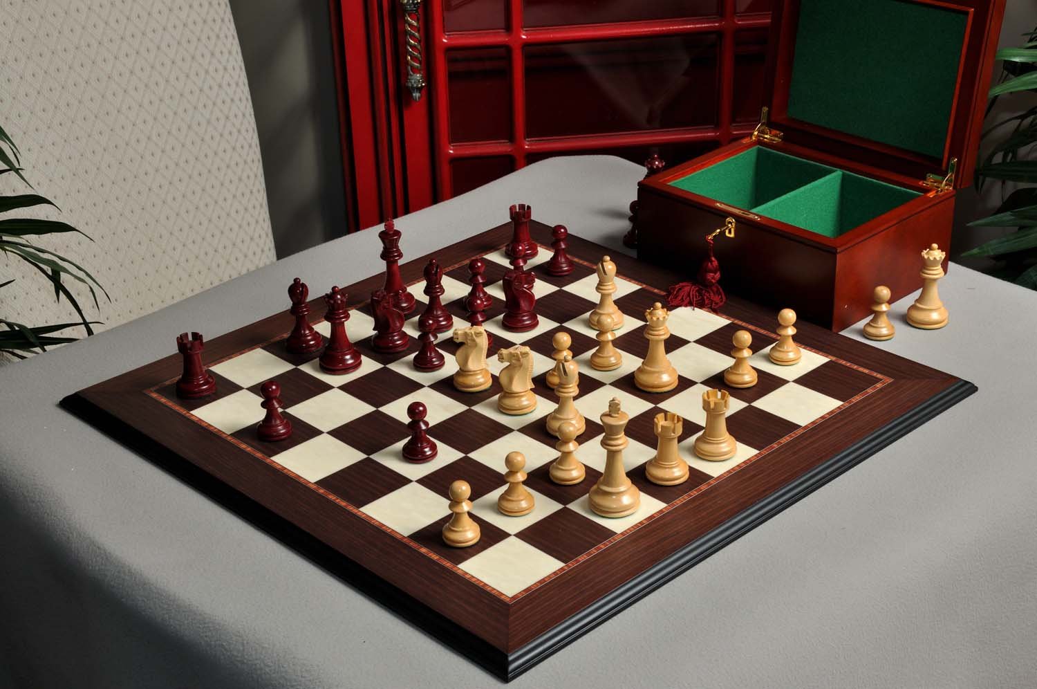 The Reykjavik II Series Chess Set, Box & Board Combination - Red Mahogany Gilded