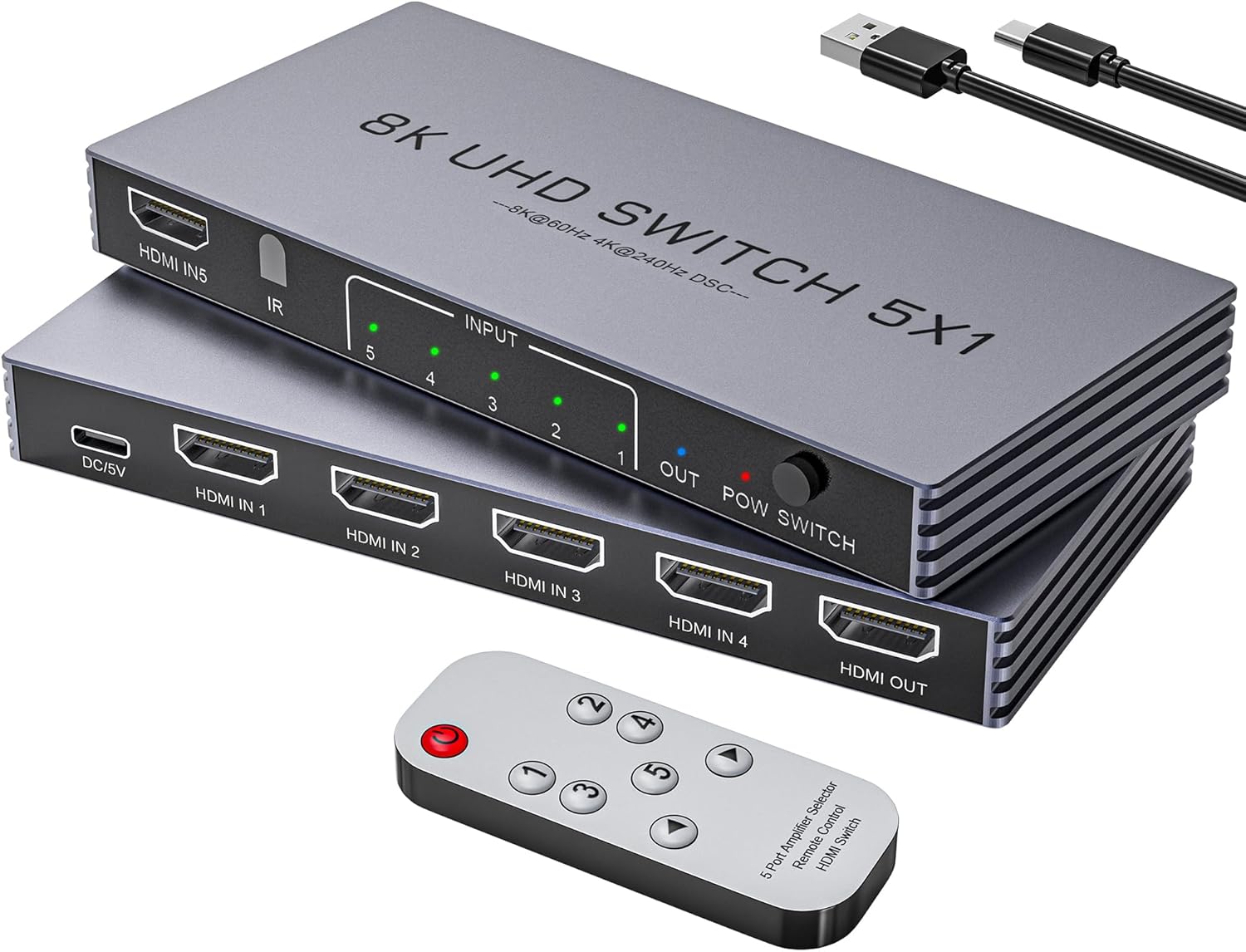 HDMI Splitter 5 in 1 Out 4K@240Hz 8K@60Hz HDMI 2.1 Switcher Splitter Support HDR10+ HDCP 2.3 CEC with Power Adapter Compatible with PS5/4 Xbox Nintendo Switch Roku Apple TV Fire Stick