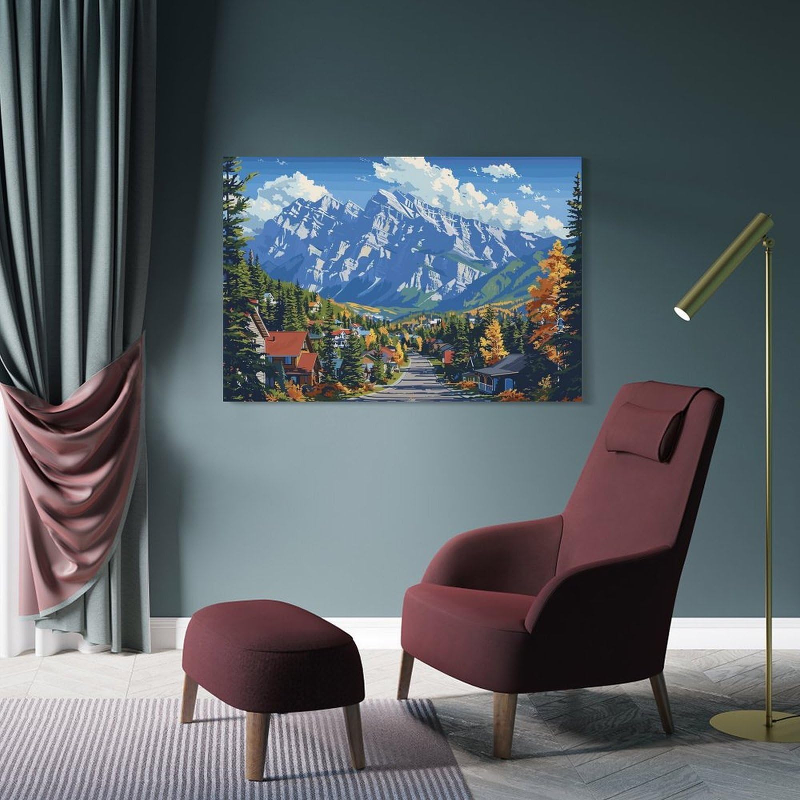 Junmoney Frame-Style-7 Mountain Town Landscape Decorative Wall Artwork, 20X30inch(50X75cm), For Study, Office Or Focused Interiors, A Smart Decor Choice For Study Walls