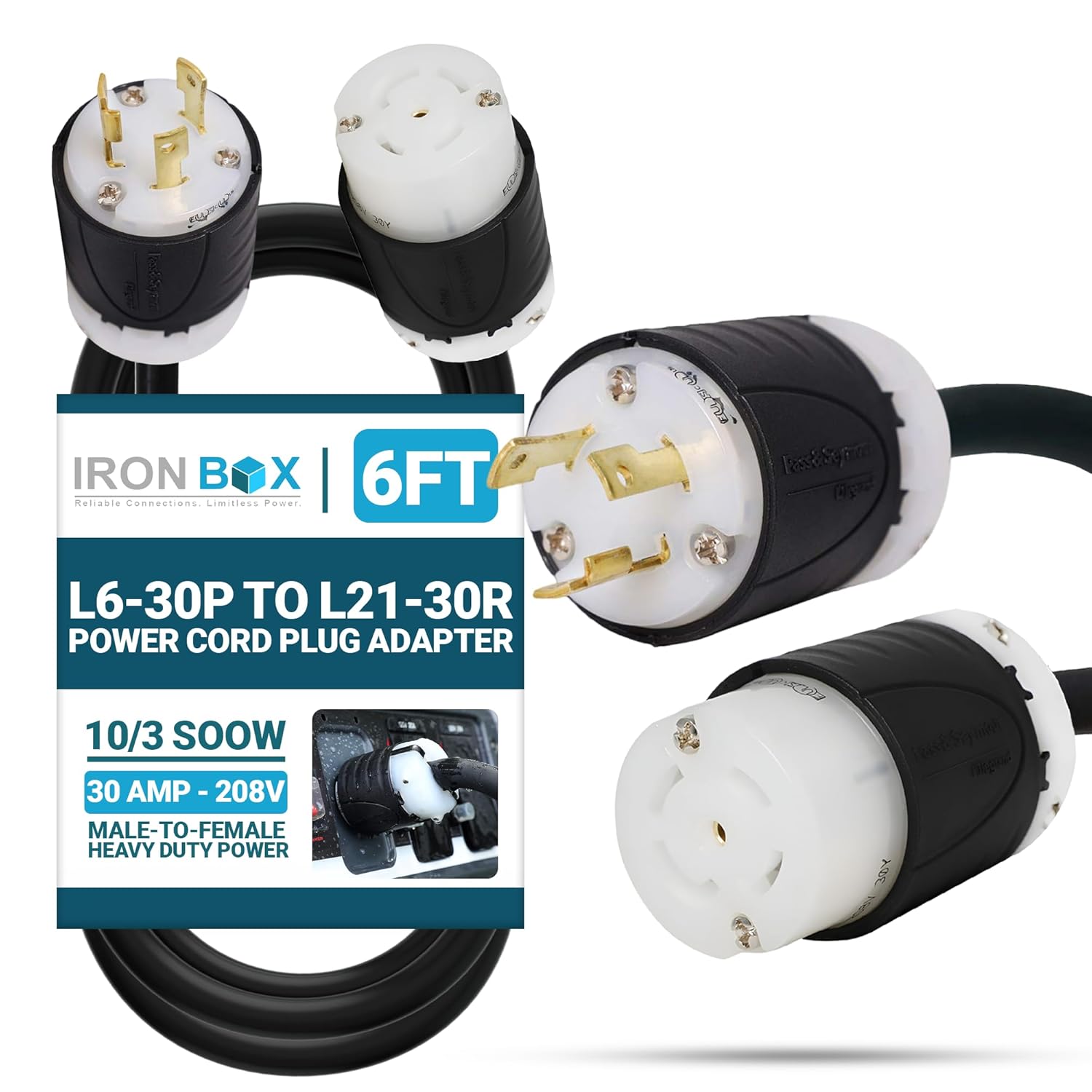 IronBox NEMA L6-30P to L21-30R Power Cord Plug Adapter - 30A, 208V, 10/3 SOOW - UL Listed Heavy Duty Power Cable - Twist Lock Power Extension for Generator, RV, Camper and More (6ft, Custom Build)