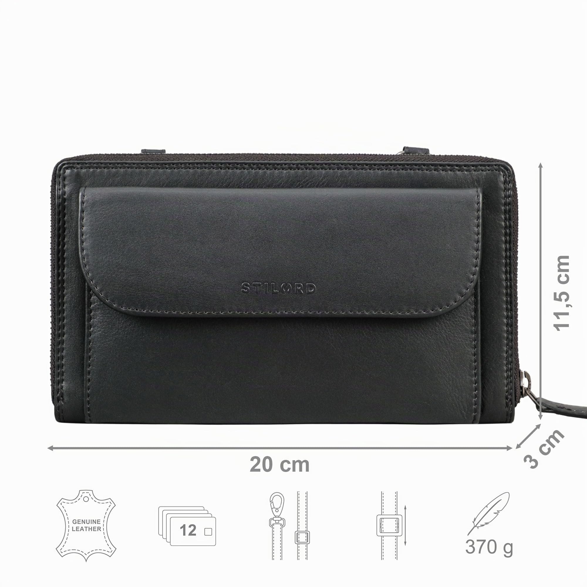 STILORD Monica Cartera de Cuero con Compartimento para teléfono móvil Bolso de Mujer para teléfono móvil Bolso de Hombro Cartera Crossbody para Mujer Color:Negro