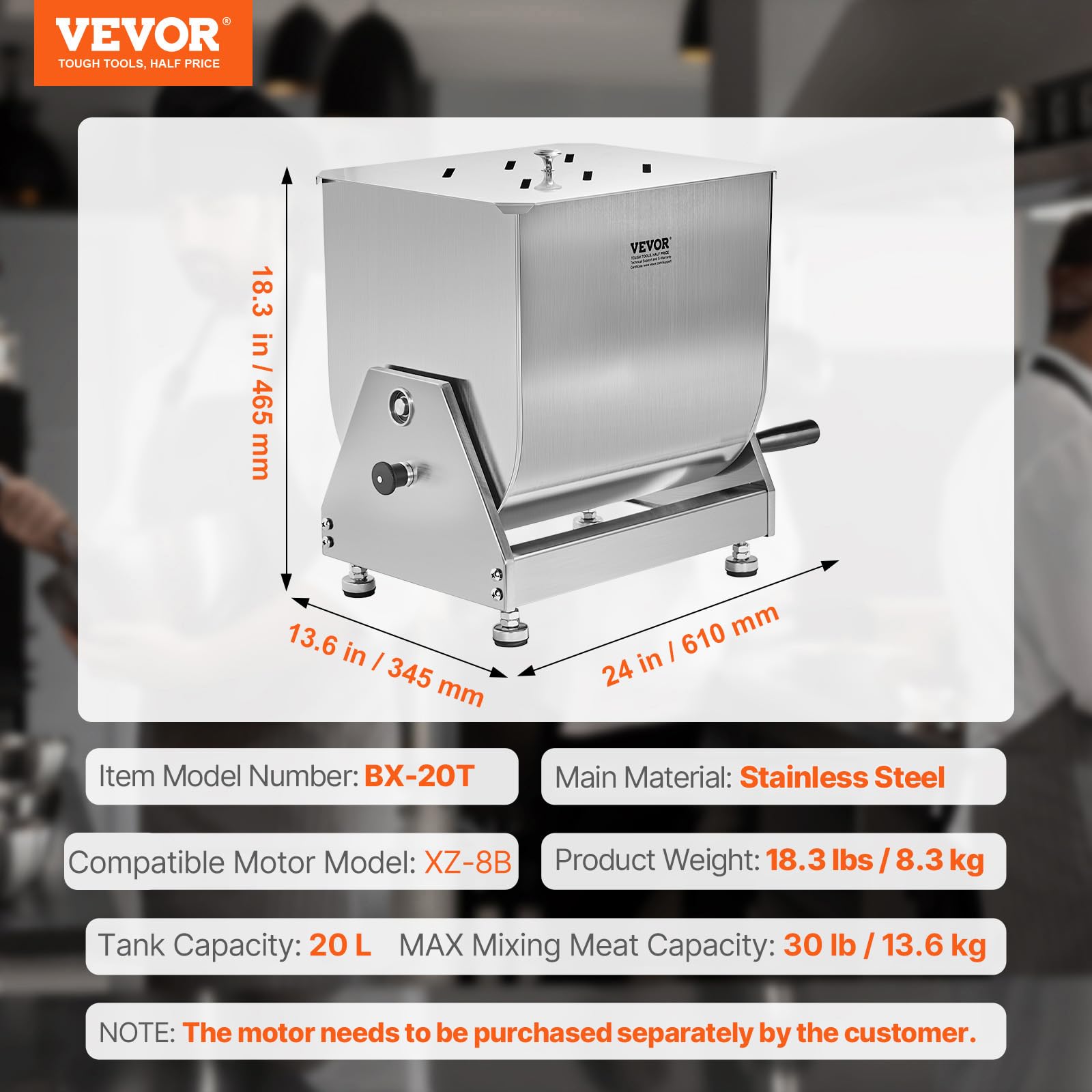 VEVOR BX-20T - Equipo de procesamiento de tanque inclinable de 30 L (mezcla máxima de 30 libras, carne de acero inoxidable, máquina de salchichas con reductor de engranajes de mango de tapa, batidora