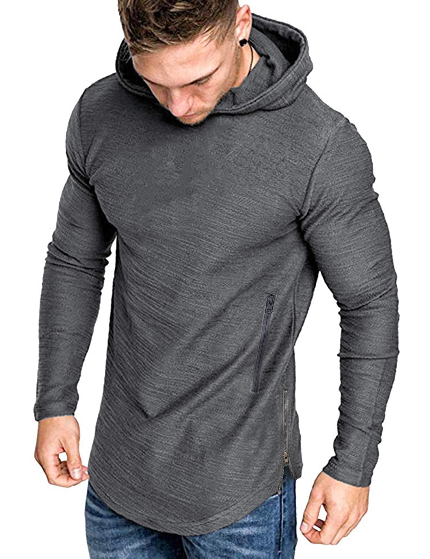 JINIDU Men's Fashion Workout Hoodie Muscle Fit Cotton Blend Gym Sweatshirts  Solid Colour Athletic Pullover Grey