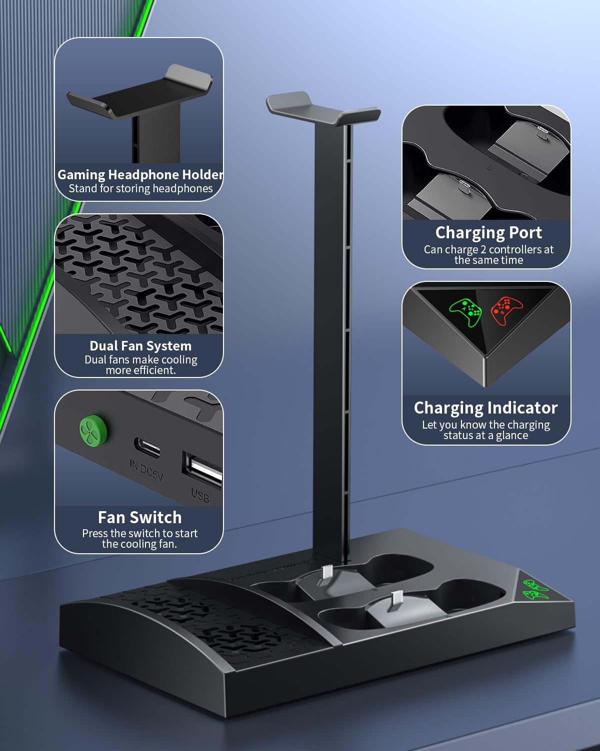 MENEEA Ladegerät-Ständer mit Lüfter Zubehör für Xbox Series S Controller Ladestation und Konsole mit Kühler, Kopfhörerhalterung, 2 x 1400 mAh wiederaufladbaren Akku (Schwarz)