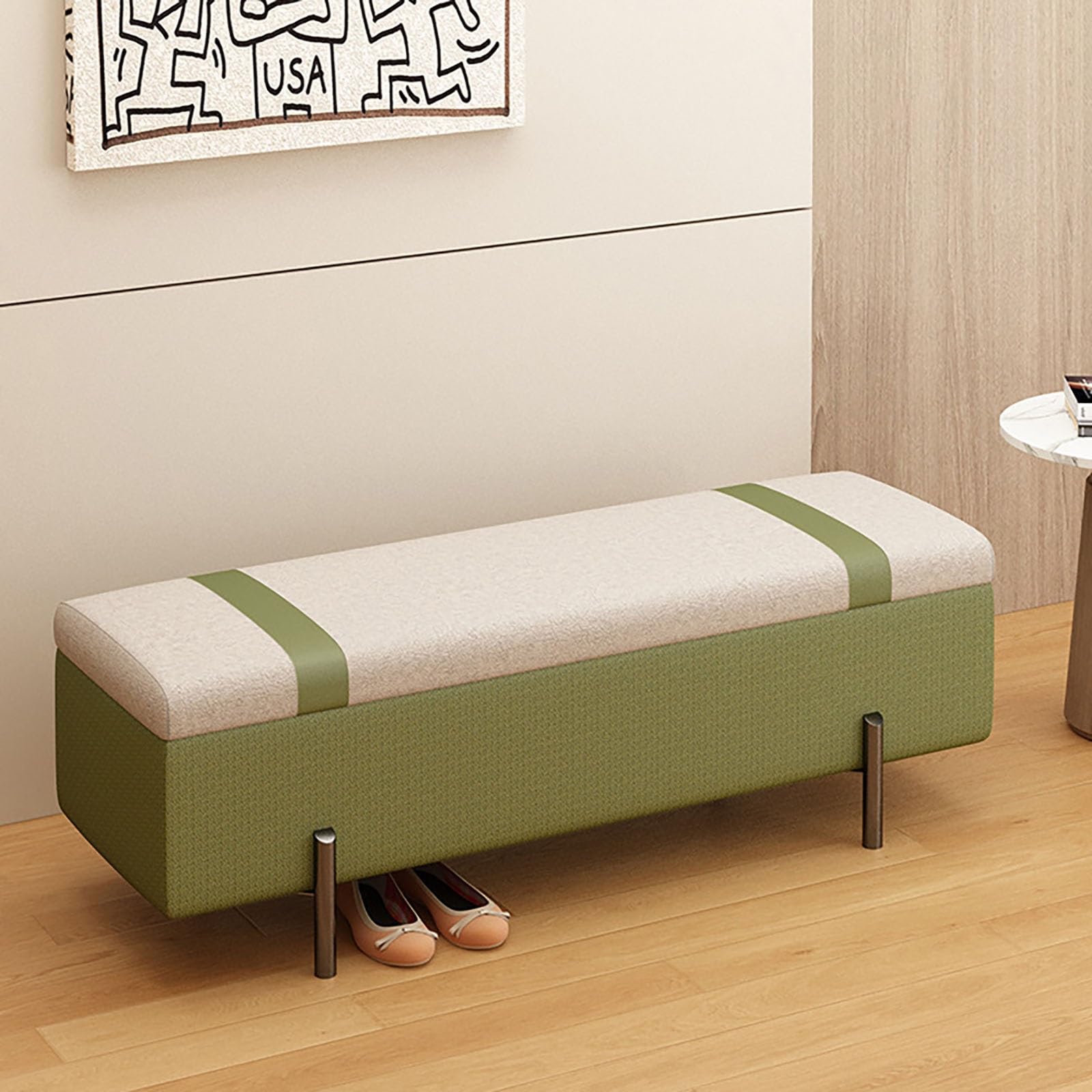 Banc de rangement ottoman rectangulaire vert moderne rembourré en cuir