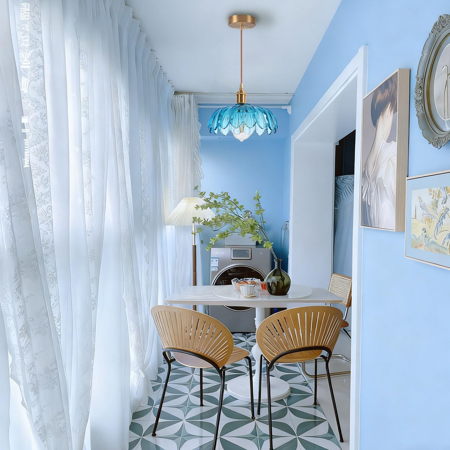 iDEGU Lampada a Sospensione in Vetro, 25CM Lampadario a Sospensione Vintage E27 Plafoniera Retrò Paralume Vetro Creativo Lampada da Soffitto per Soggiorno Isola Cucina Sala da Pranzo (Blu)
