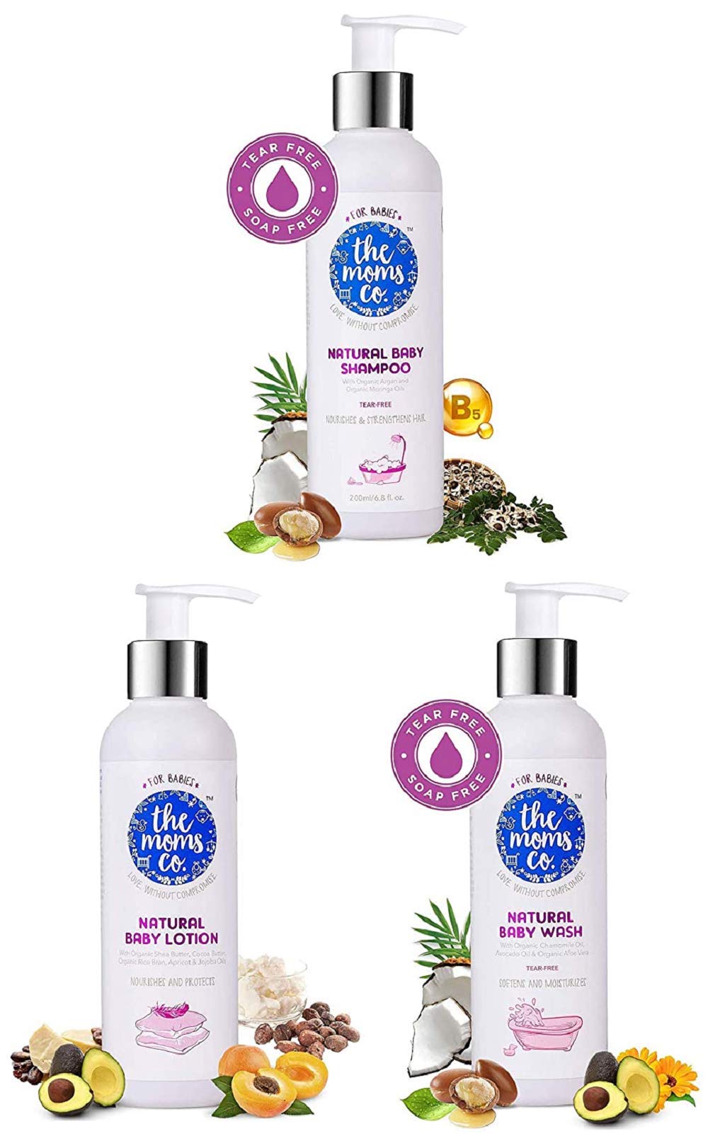 The Moms Co Natural Baby Lotion (200 ml) & The Moms Co. Tear-Free Natural Baby Wash with Calendula, Avocado Oils and USDA-Certified Organic Oil & The Moms Co Natural Baby Shampoo (200 ml)