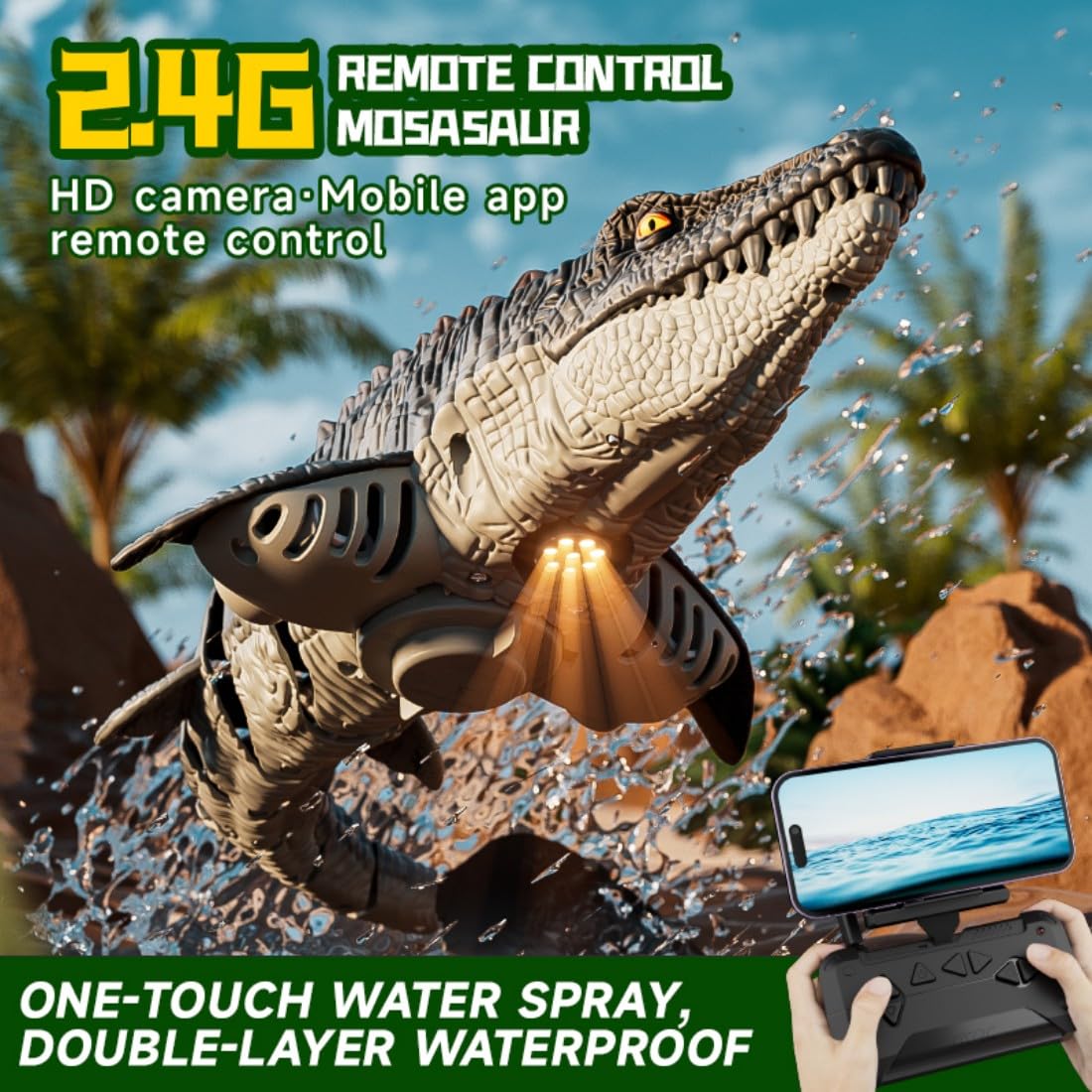 S11 Hochsimuliertes RC Mosasaurus Boot mit 8K-Kamera, 2,4GHz Wi-Fi Wasserdinosaurier-Spielzeug, Wasserdichtes Ferngesteuertes Spray-Boot mit Dual-Motor, LED-Lichtern für Erwachsene